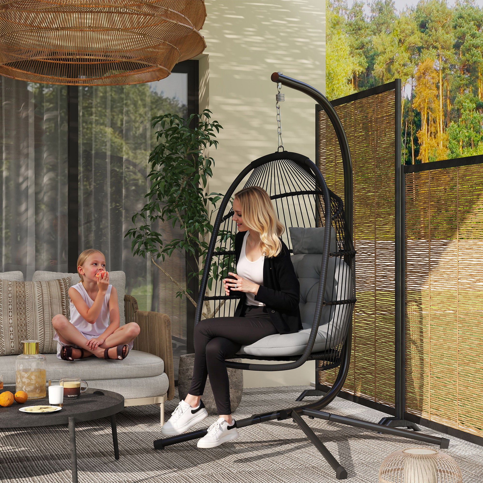 Outsunny Silla Colgante Huevo con Soporte, Columpio Jardín Exterior con Cesta Plegable, Cojín Anti-UV y Reposacabezas Desmontable para Interior y Exterior, Carga 150 kg, Gris Oscuro