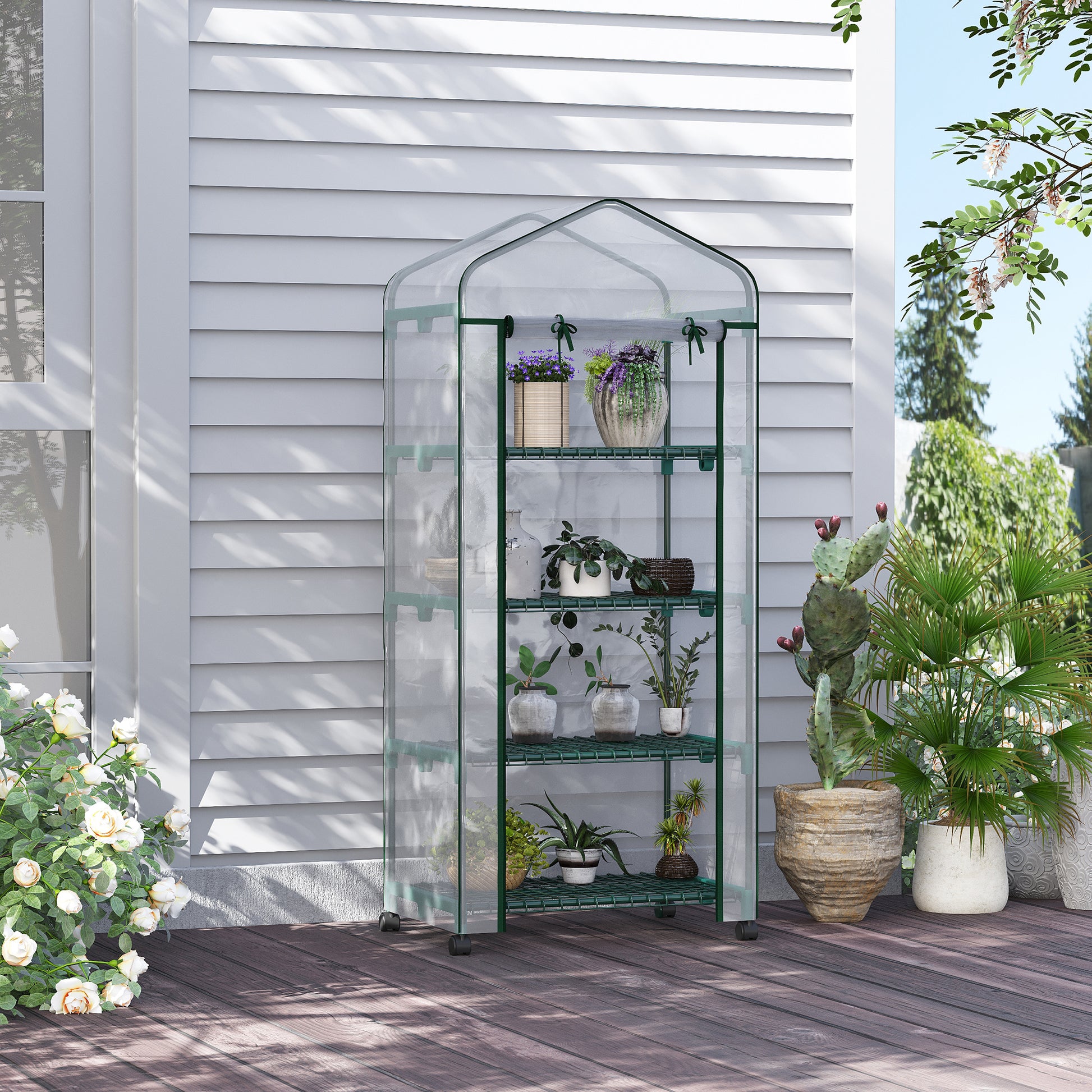 Outsunny Invernadero Pequeño Invernadero de Exterior con Ruedas Estantes de 4 Niveles Puerta con Cremallera y Marco de Acero Invernadero para Cultivar Plantas Flores 69x50x165 cm Transparente