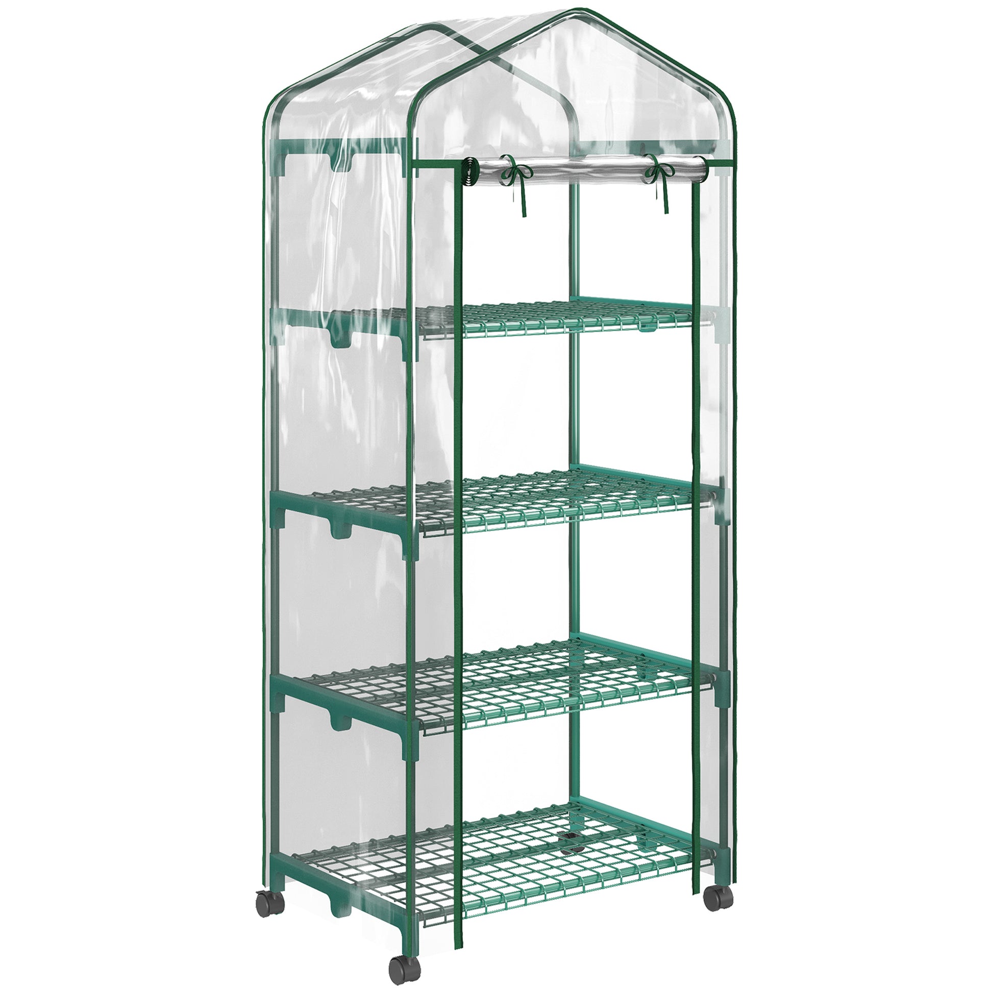 Outsunny Invernadero Pequeño Invernadero de Exterior con Ruedas Estantes de 4 Niveles Puerta con Cremallera y Marco de Acero Invernadero para Cultivar Plantas Flores 69x50x165 cm Transparente