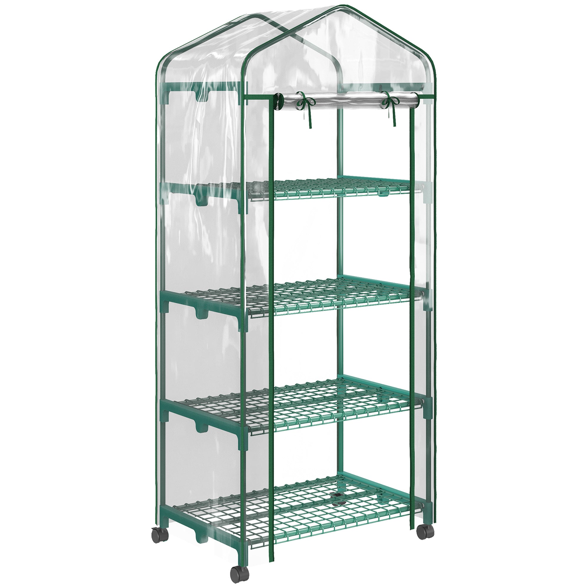 Outsunny Invernadero Pequeño Invernadero de Exterior con Ruedas Estantes de 4 Niveles Puerta con Cremallera y Marco de Acero Invernadero para Cultivar Plantas Flores 69x50x165 cm Transparente