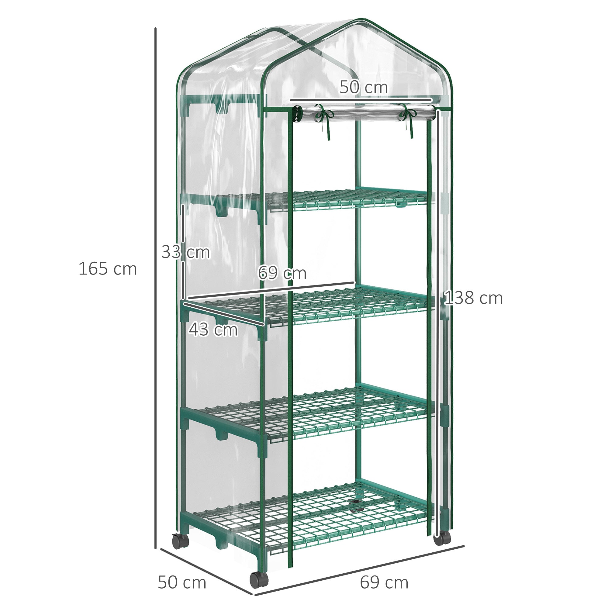 Outsunny Invernadero Pequeño Invernadero de Exterior con Ruedas Estantes de 4 Niveles Puerta con Cremallera y Marco de Acero Invernadero para Cultivar Plantas Flores 69x50x165 cm Transparente