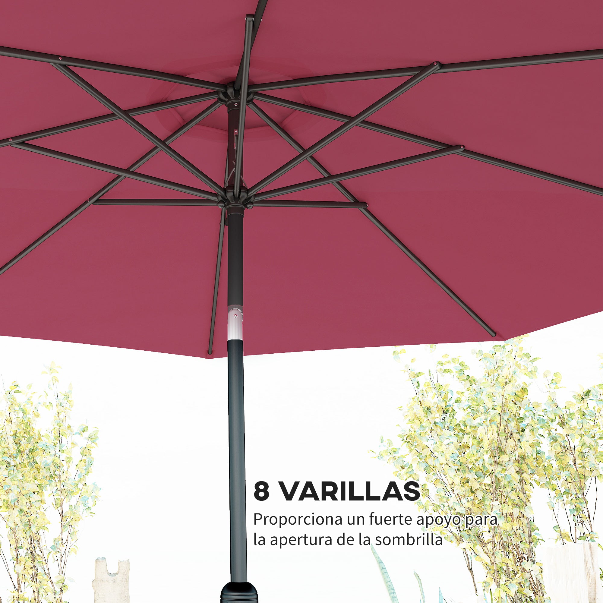 Outsunny Sombrilla de Jardín Ø295x250 cm con Manivela Parasol Exterior con Mecanismo de Inclinación y Poste Desmontable de Metal para Terraza Piscina Patio Vino Tinto