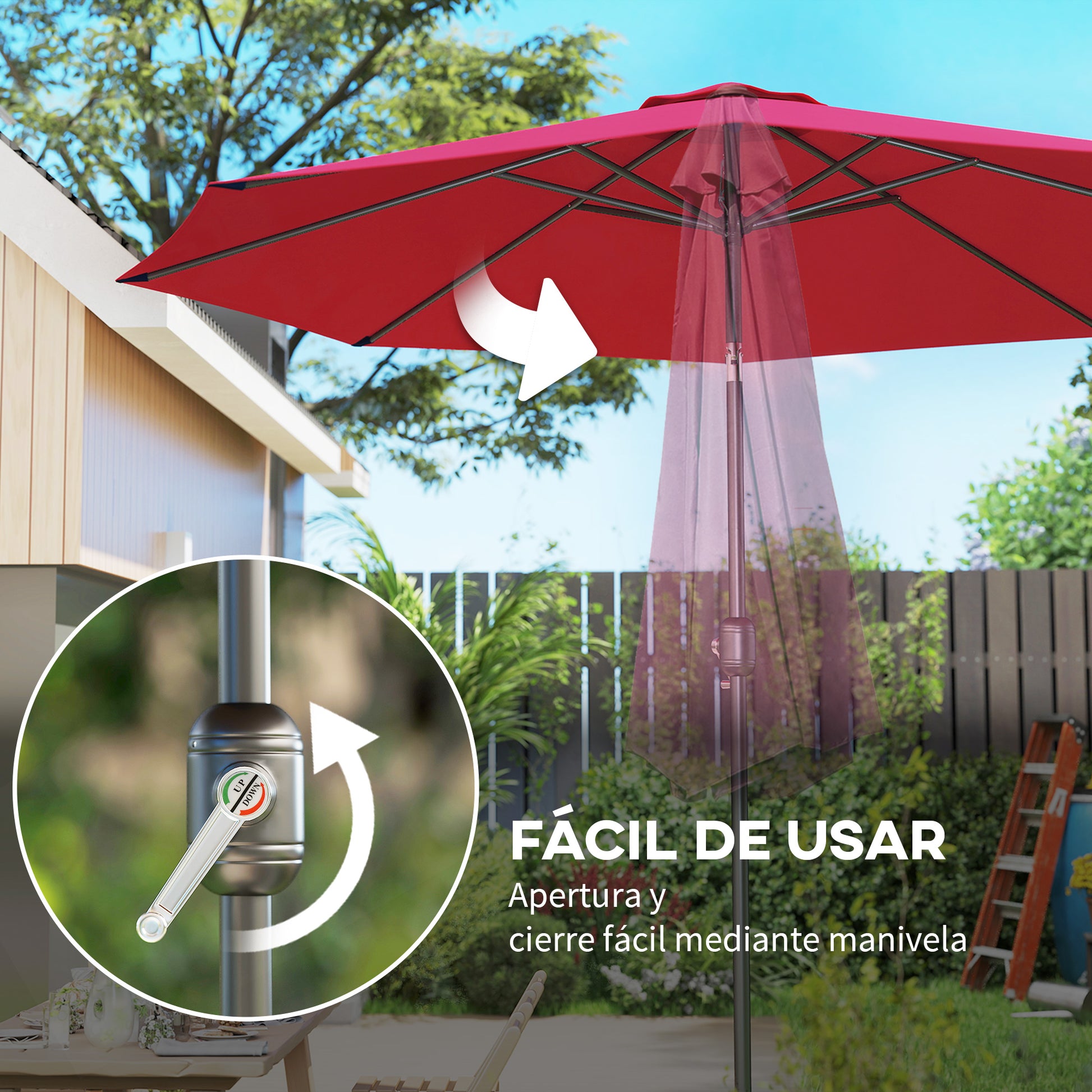 Outsunny Sombrilla de Jardín Ø295x250 cm con Manivela Parasol Exterior con Mecanismo de Inclinación y Poste Desmontable de Metal para Terraza Piscina Patio Vino Tinto