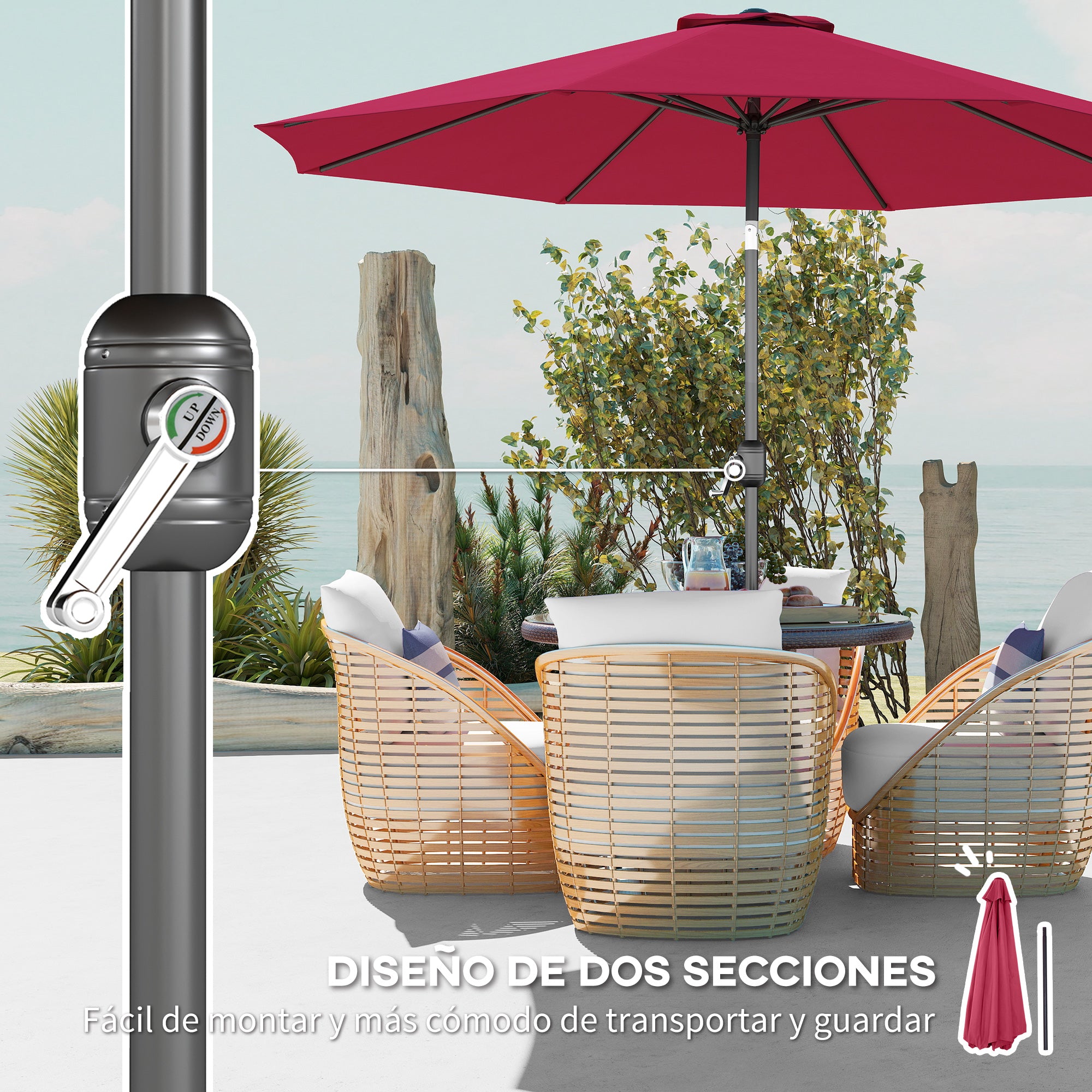 Outsunny Sombrilla de Jardín Ø295x250 cm con Manivela Parasol Exterior con Mecanismo de Inclinación y Poste Desmontable de Metal para Terraza Piscina Patio Vino Tinto