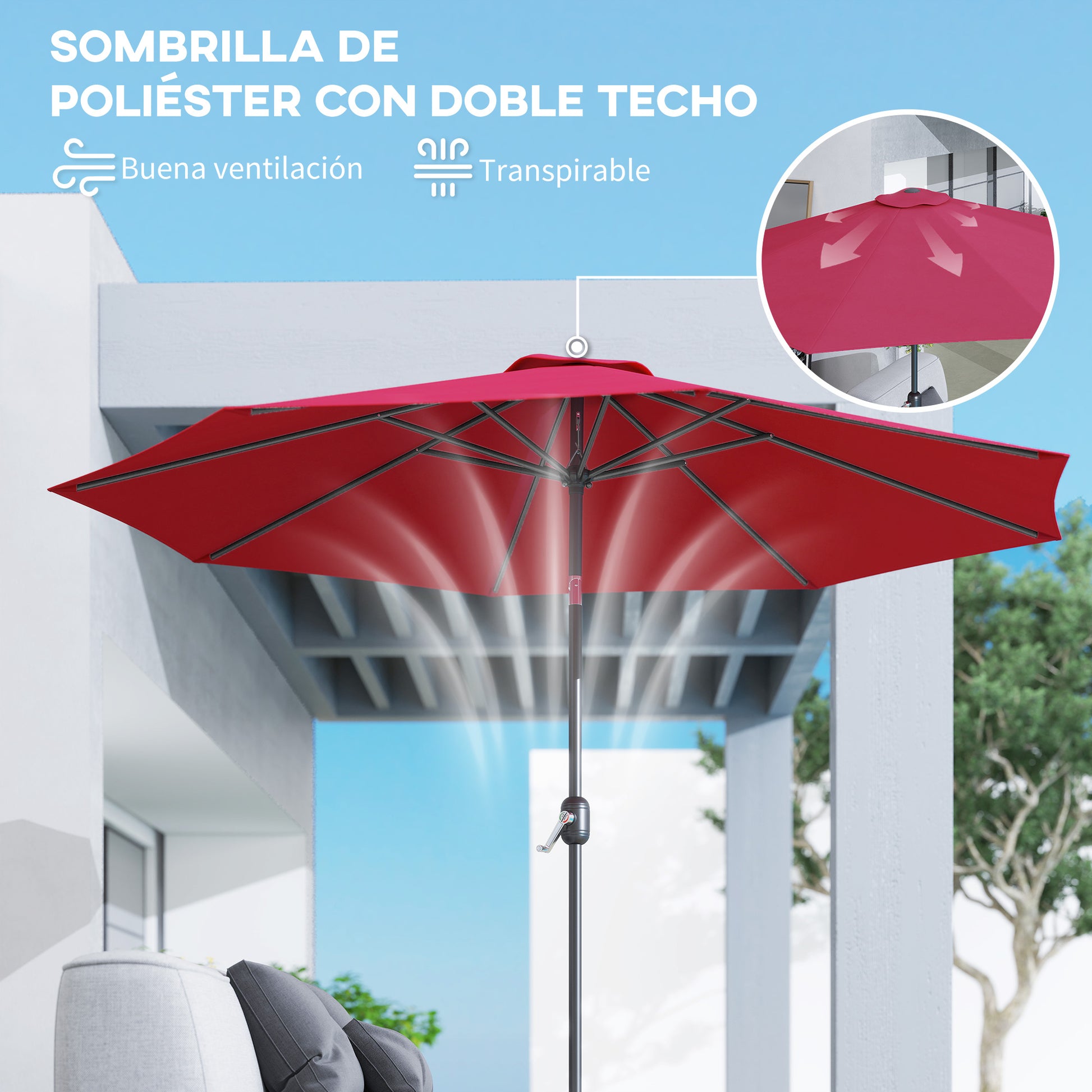 Outsunny Sombrilla de Jardín Ø295x250 cm con Manivela Parasol Exterior con Mecanismo de Inclinación y Poste Desmontable de Metal para Terraza Piscina Patio Vino Tinto