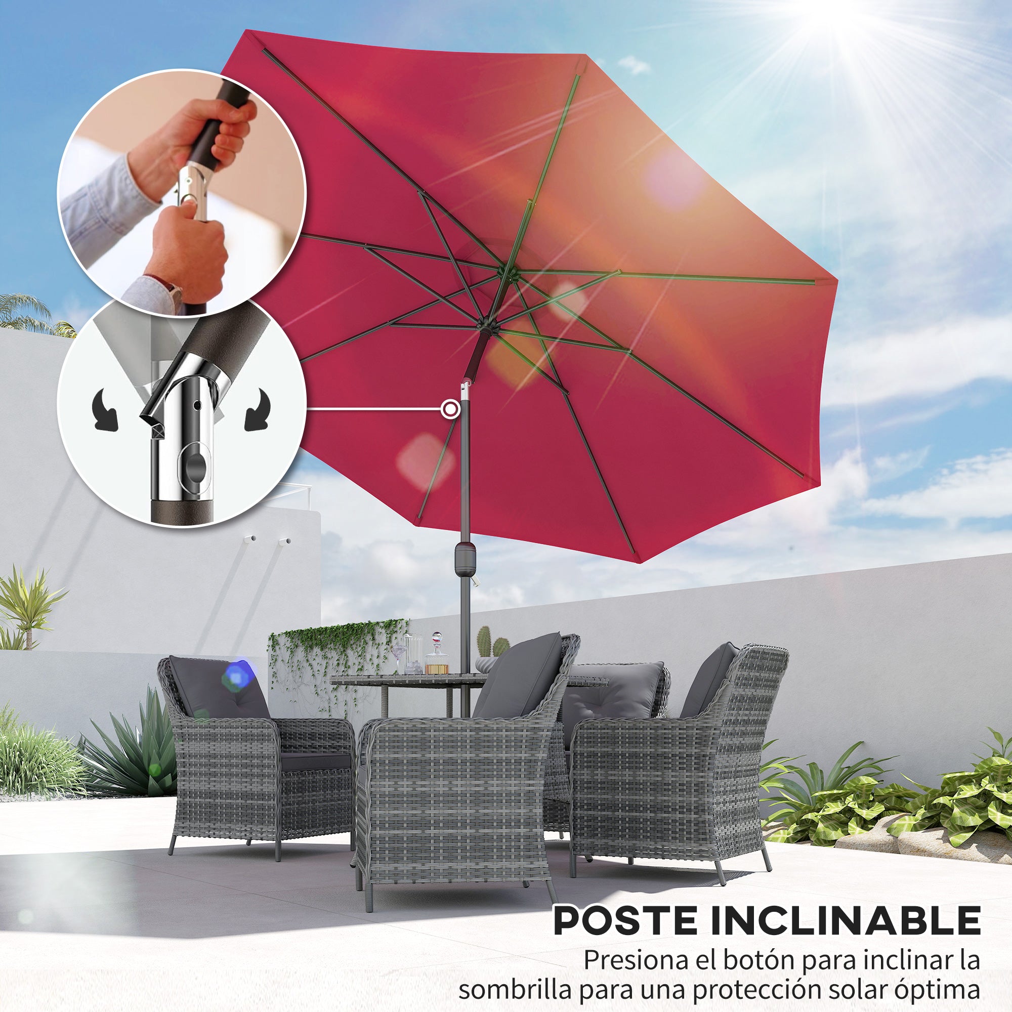 Outsunny Sombrilla de Jardín Ø295x250 cm con Manivela Parasol Exterior con Mecanismo de Inclinación y Poste Desmontable de Metal para Terraza Piscina Patio Vino Tinto