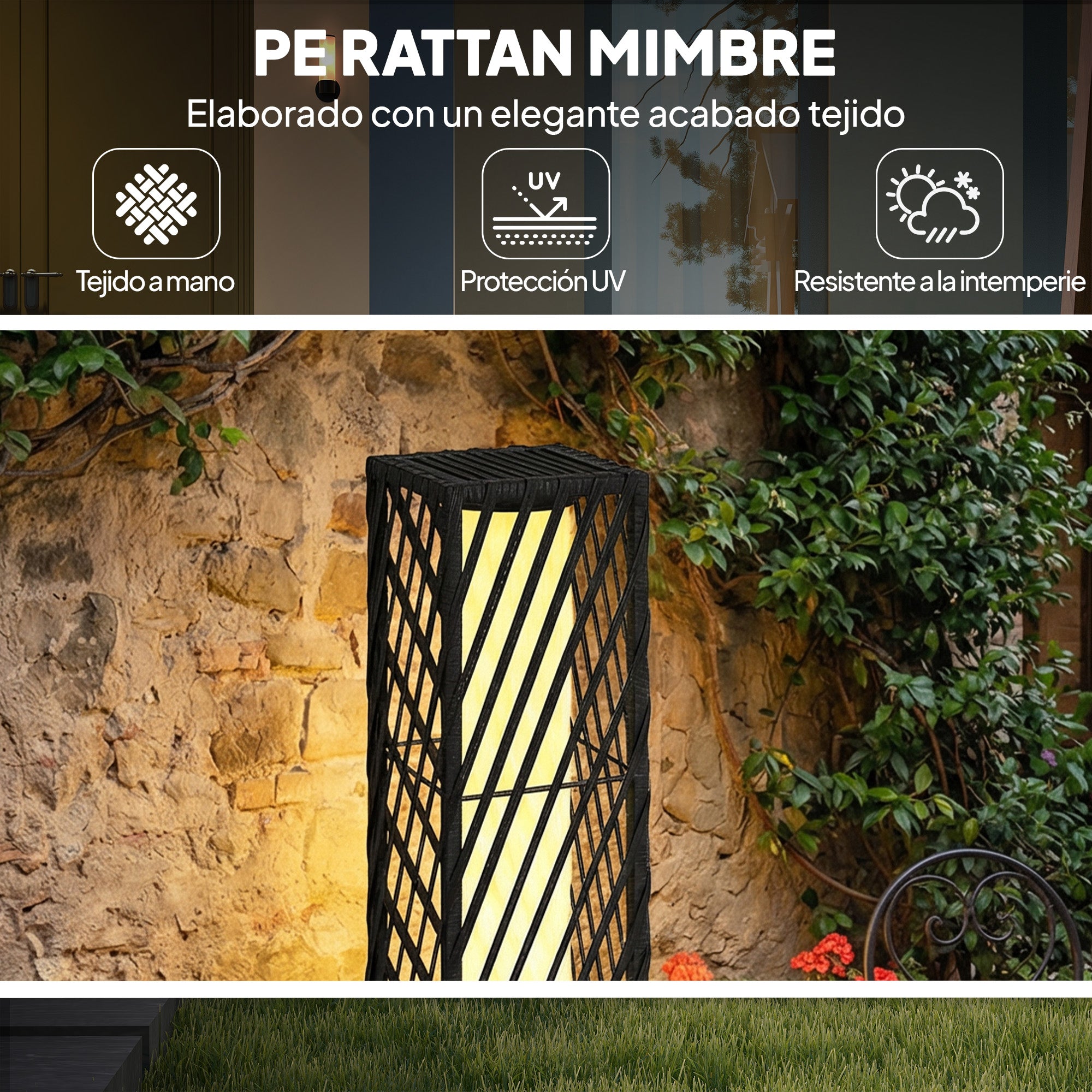 Outsunny Linterna de Jardín de Ratán, Farola Solar Exterior con Luces LED Encendido y Apagado Automático, Impermeable, IP44, Lámpara de pie para Terraza, Balcón, Patio, 16x16x68 cm, Negro