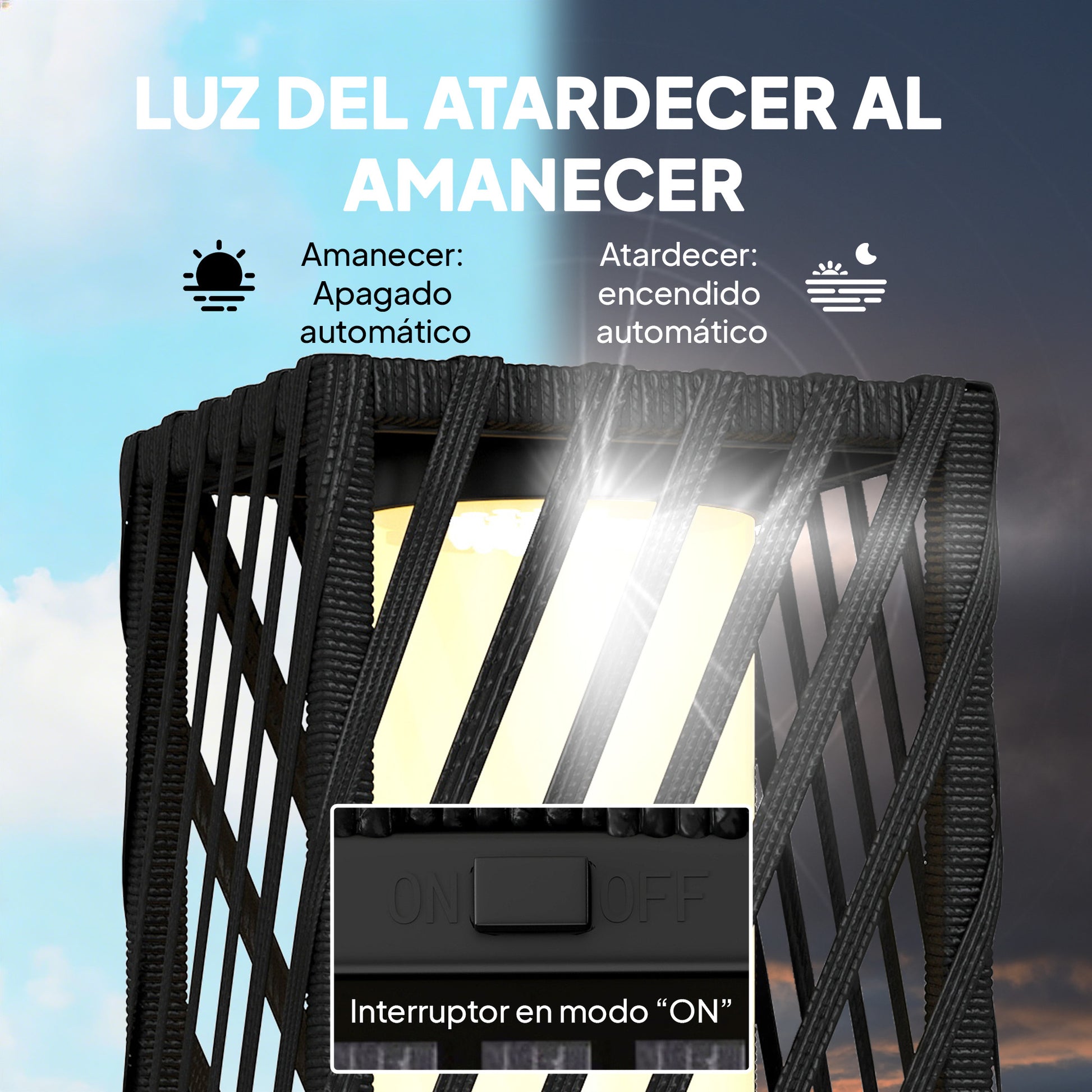 Outsunny Linterna de Jardín de Ratán, Farola Solar Exterior con Luces LED Encendido y Apagado Automático, Impermeable, IP44, Lámpara de pie para Terraza, Balcón, Patio, 16x16x68 cm, Negro