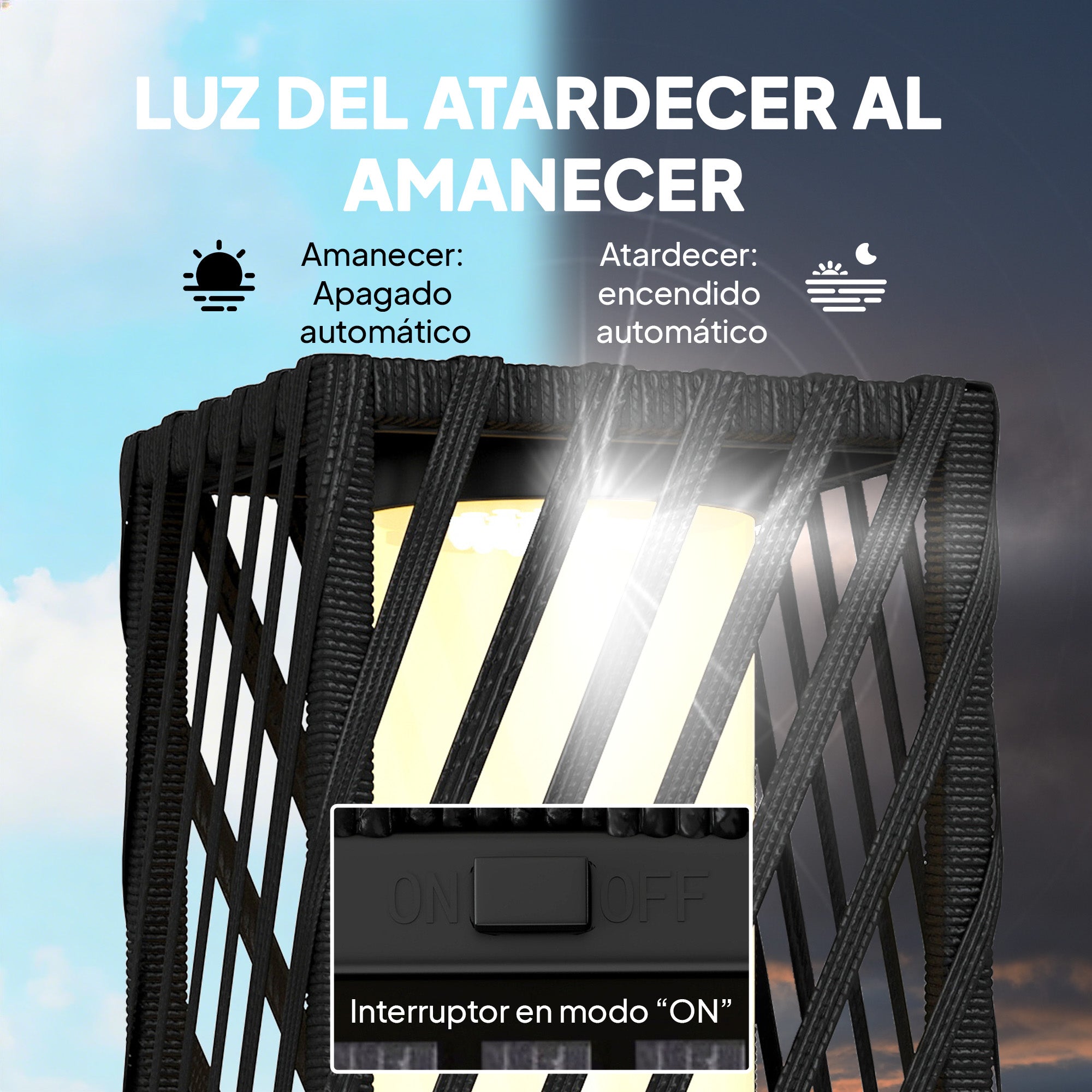Outsunny Linterna de Jardín de Ratán, Farola Solar Exterior con Luces LED Encendido y Apagado Automático, Impermeable, IP44, Lámpara de pie para Terraza, Balcón, Patio, 16x16x68 cm, Negro