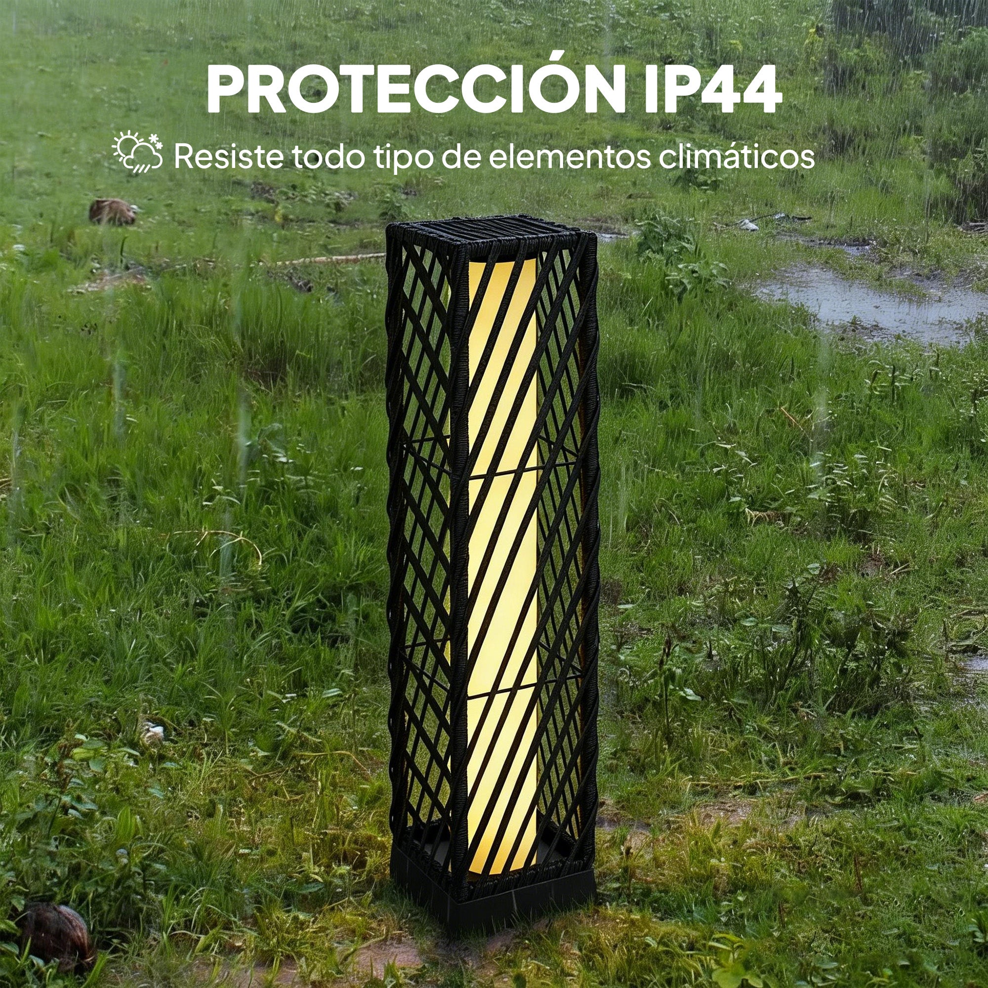 Outsunny Linterna de Jardín de Ratán, Farola Solar Exterior con Luces LED Encendido y Apagado Automático, Impermeable, IP44, Lámpara de pie para Terraza, Balcón, Patio, 16x16x68 cm, Negro