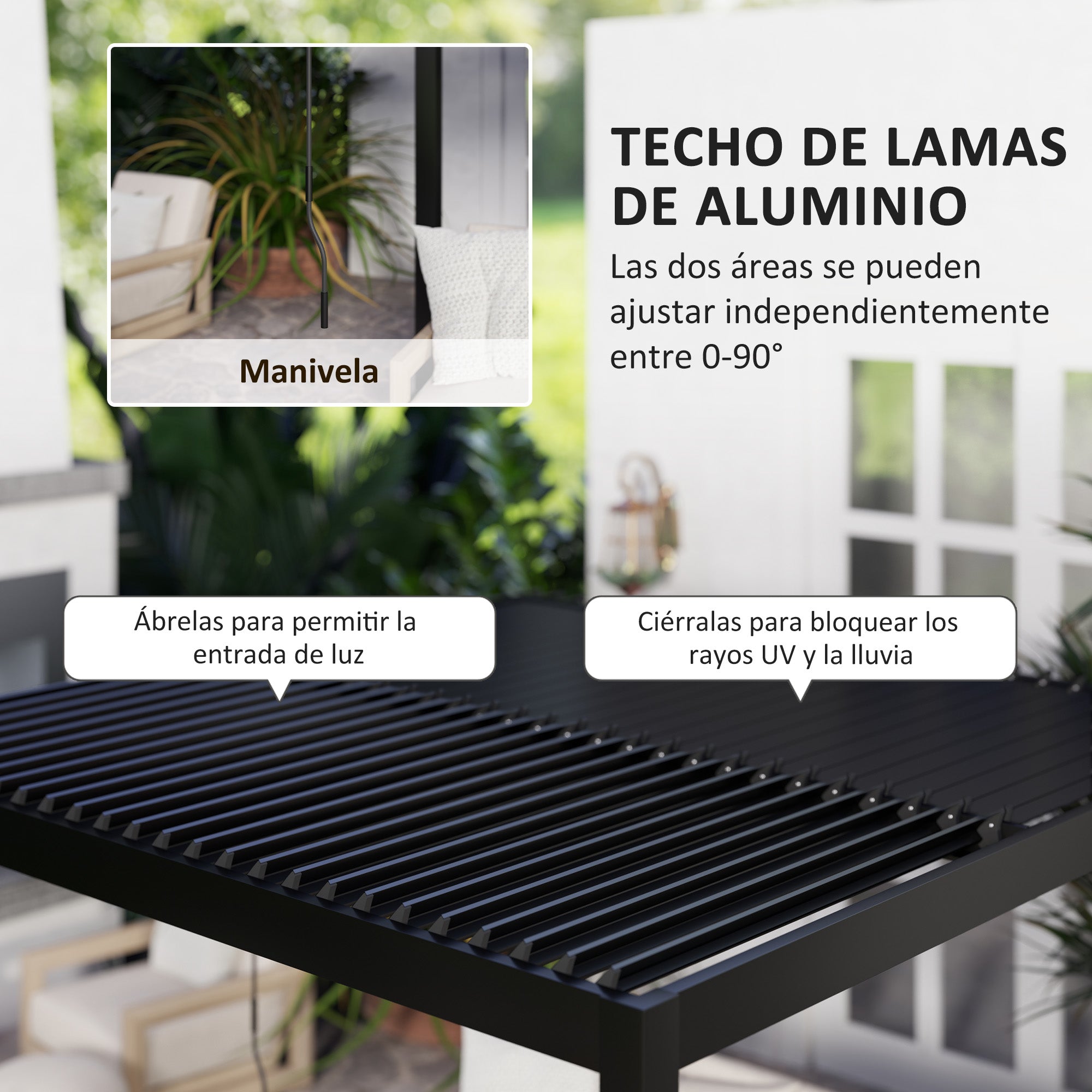 Outsunny Pérgola de Aluminio 3x3 m Cenador de Jardín Gazebo con Techo de Lamas Ajustable y Sistema de Drenaje Impermeable Anti-UV Pabellón para Patio Terraza Balcón Gris Oscuro
