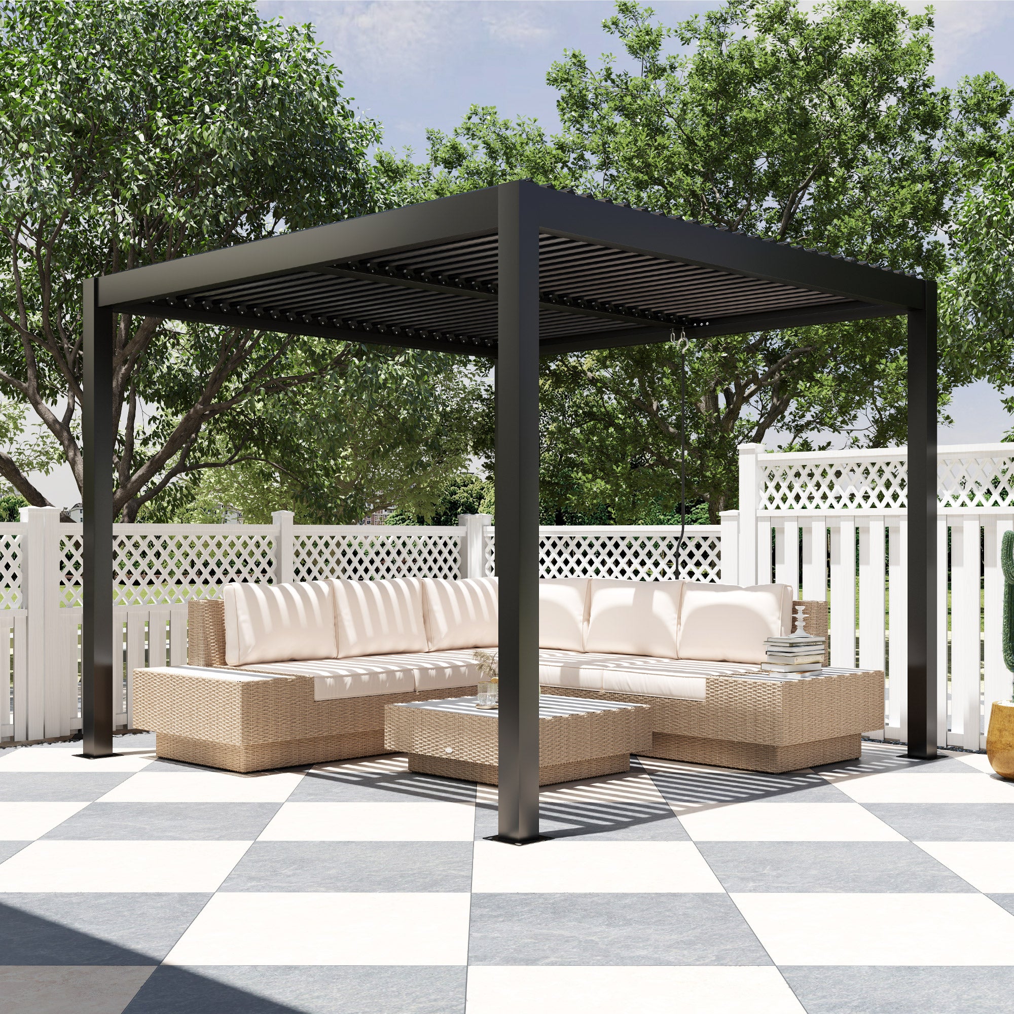 Outsunny Pérgola de Aluminio 3x3 m Cenador de Jardín Gazebo con Techo de Lamas Ajustable y Sistema de Drenaje Impermeable Anti-UV Pabellón para Patio Terraza Balcón Gris Oscuro