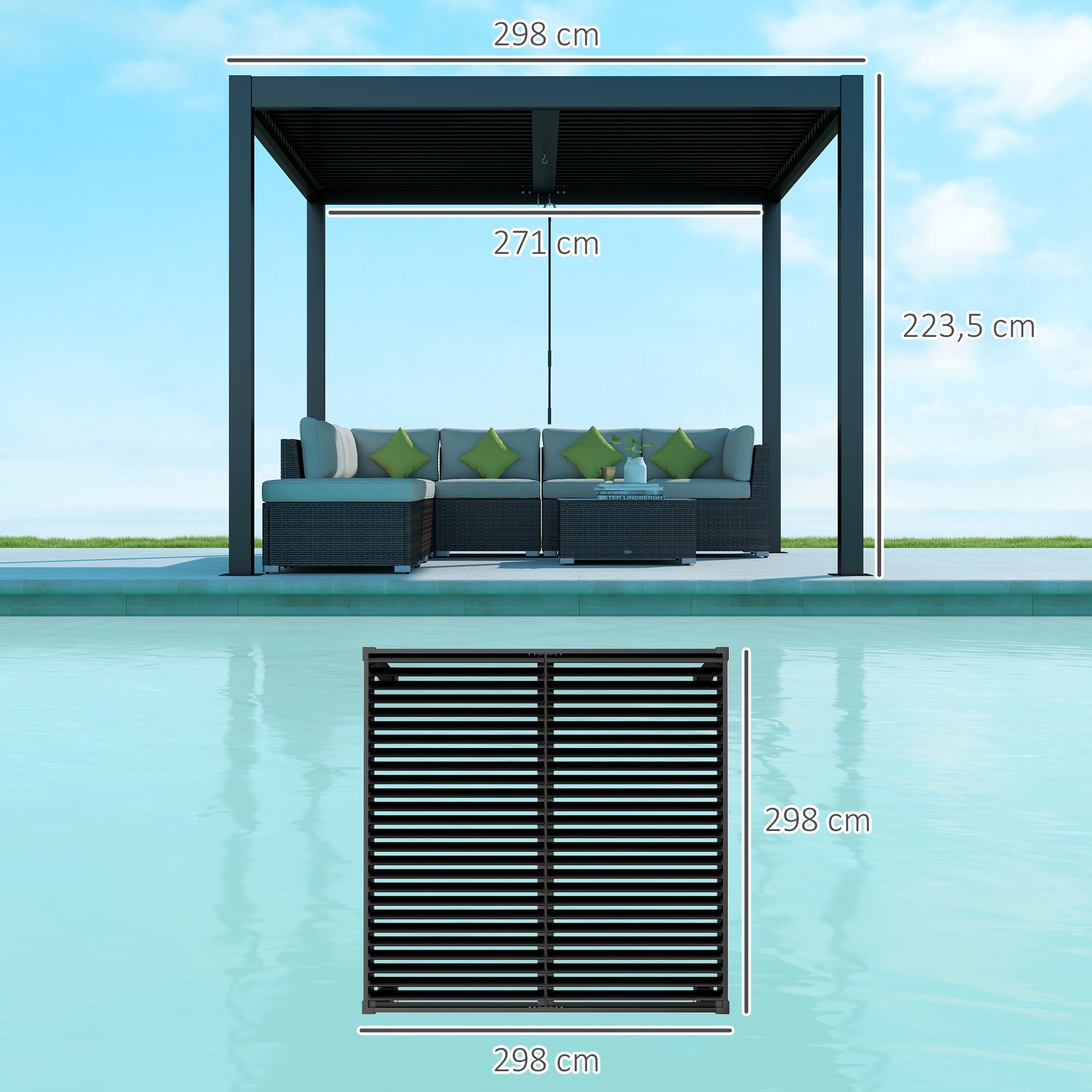 Outsunny Pérgola de Aluminio 3x3 m Cenador de Jardín Gazebo con Techo de Lamas Ajustable y Sistema de Drenaje Impermeable Anti-UV Pabellón para Patio Terraza Balcón Gris Oscuro