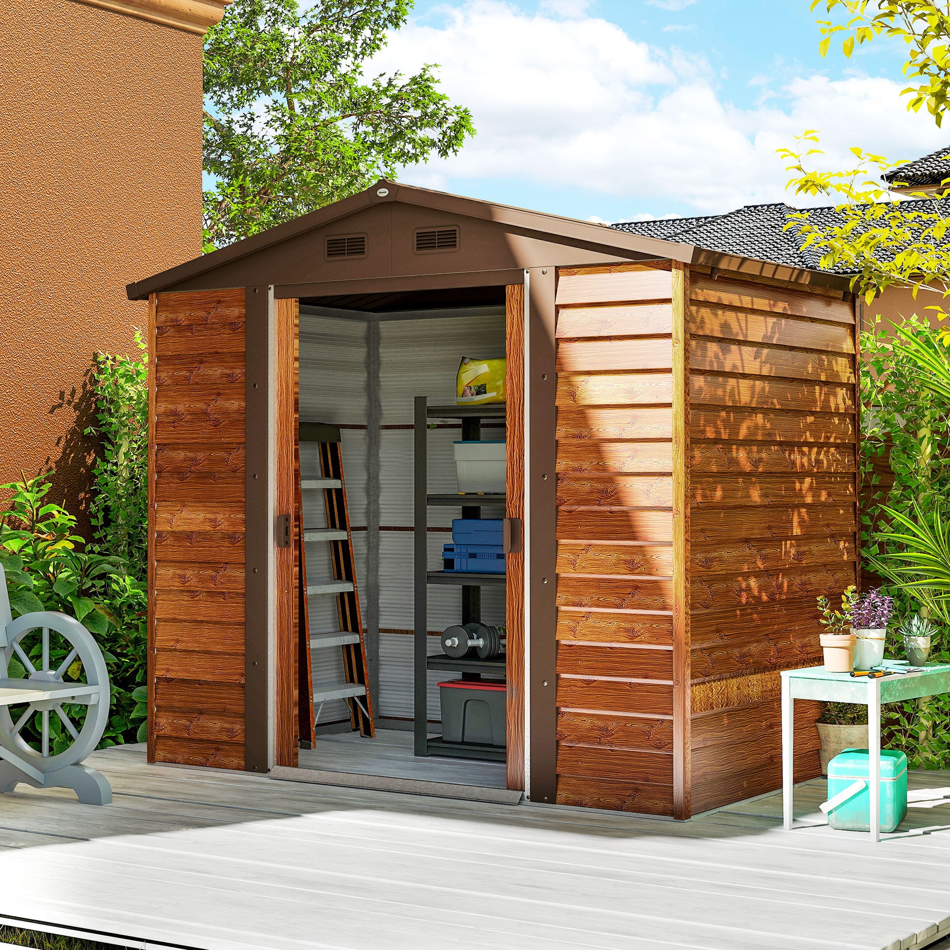 Outsunny Caseta de Jardín Exterior 3 m² 235,7x152x208,7 cm Cobertizo de Jardín Exterior Metálica con 2 Puertas Corredizas y 4 Ventanas para Almacenamiento de Herramientas Efecto Madera Natural y Café