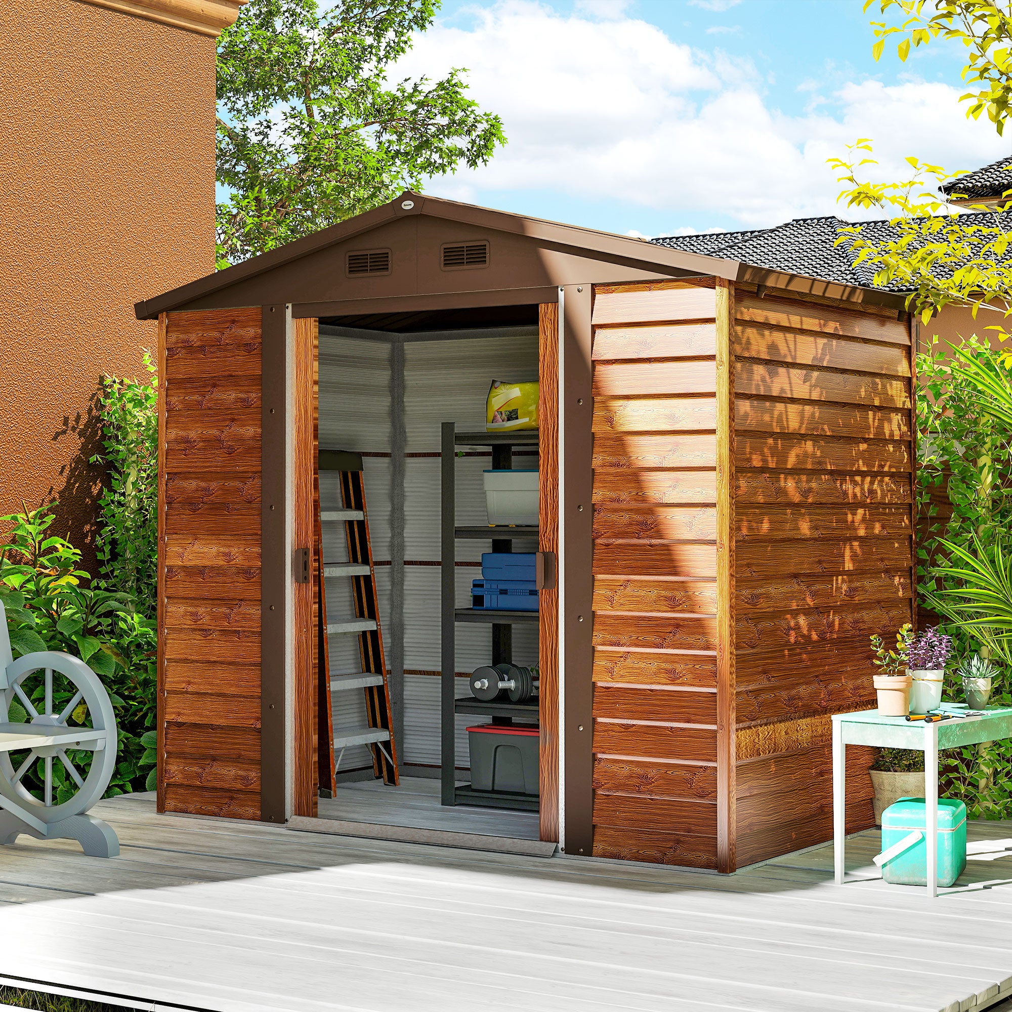 Outsunny Caseta de Jardín Exterior 3 m² 235,7x152x208,7 cm Cobertizo de Jardín Exterior Metálica con 2 Puertas Corredizas y 4 Ventanas para Almacenamiento de Herramientas Efecto Madera Natural y Café