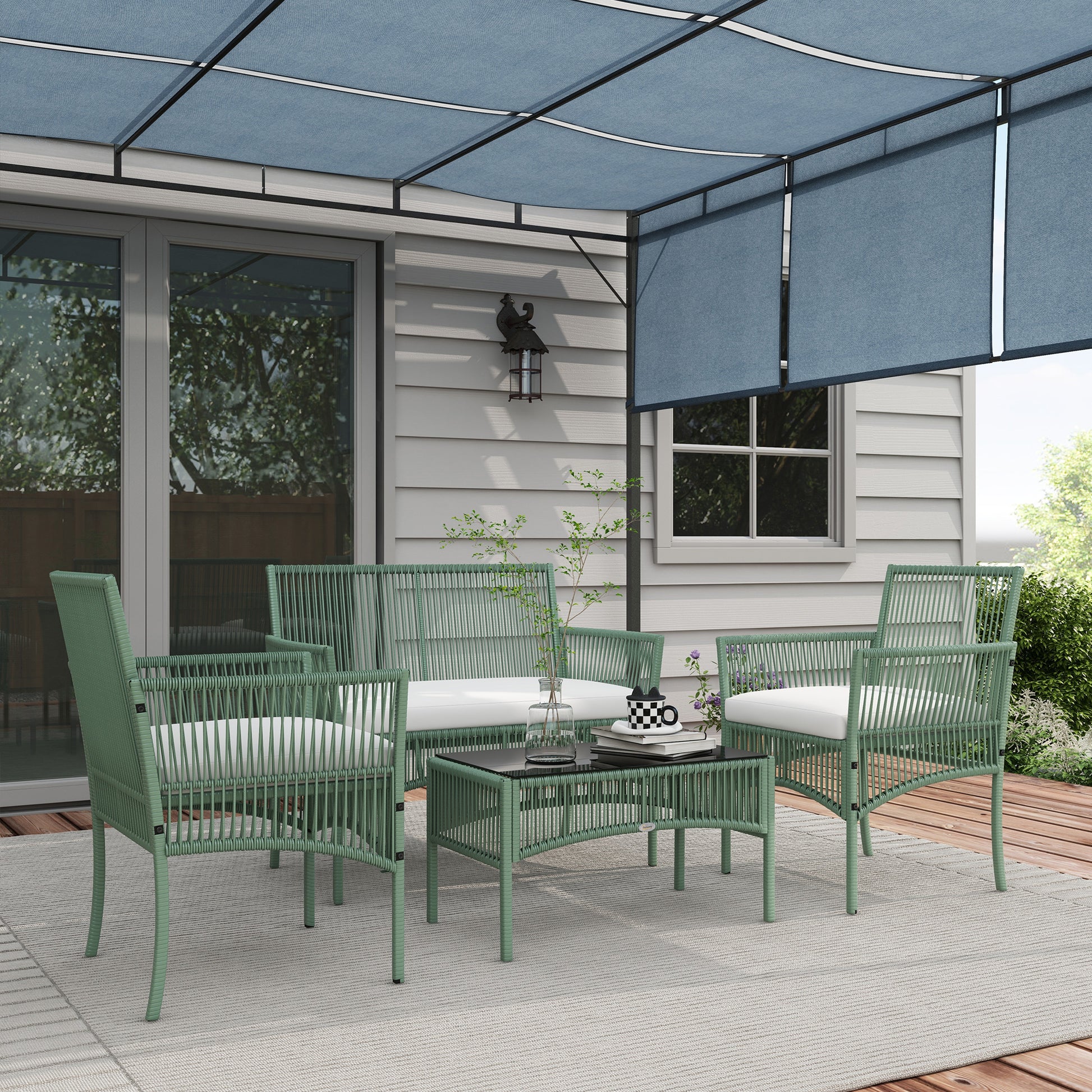 Outsunny Conjunto Jardín Exterior de Ratán, Muebles Jardín Exterior para 4 Piezas, Muebles Terraza con 1 Sofá de 2 Plazas, 2 Sillones, Cojines y 1 Mesa de Tablero de Vidrio, para Patio, Verde Oscuro