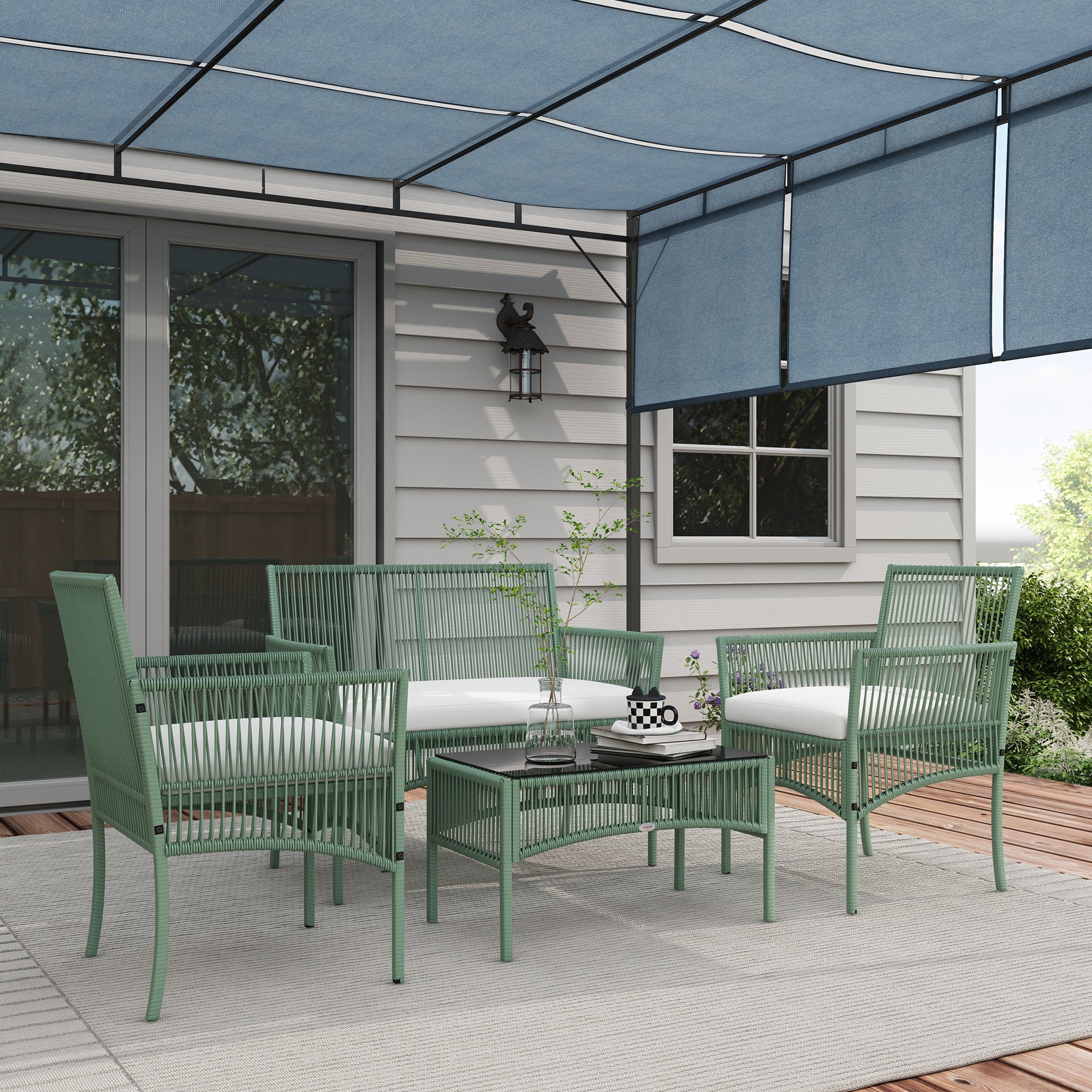 Outsunny Conjunto Jardín Exterior de Ratán, Muebles Jardín Exterior para 4 Piezas, Muebles Terraza con 1 Sofá de 2 Plazas, 2 Sillones, Cojines y 1 Mesa de Tablero de Vidrio, para Patio, Verde Oscuro
