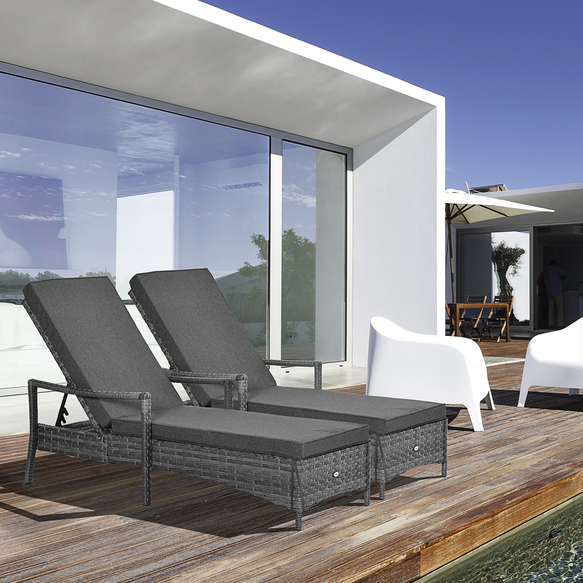 Outsunny Conjunto de 2 Tumbonas de Ratán de Jardín Chaise Longue con Respaldo Ajustable en 4 Posiciones Cojines Acolchados y Desenfundables para Terraza Patio Exterior 192x62,5x58-95 cm Gris