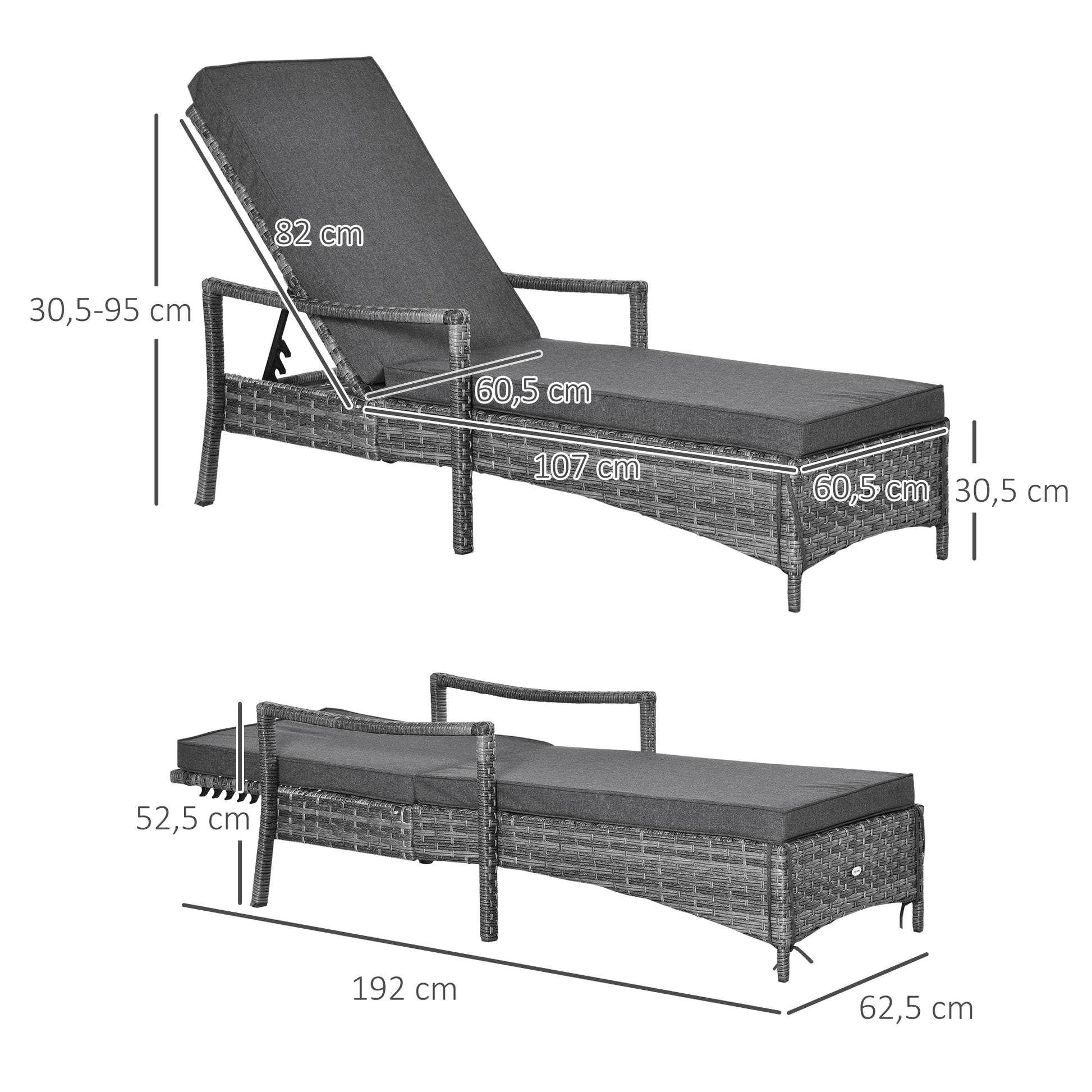 Outsunny Conjunto de 2 Tumbonas de Ratán de Jardín Chaise Longue con Respaldo Ajustable en 4 Posiciones Cojines Acolchados y Desenfundables para Terraza Patio Exterior 192x62,5x58-95 cm Gris
