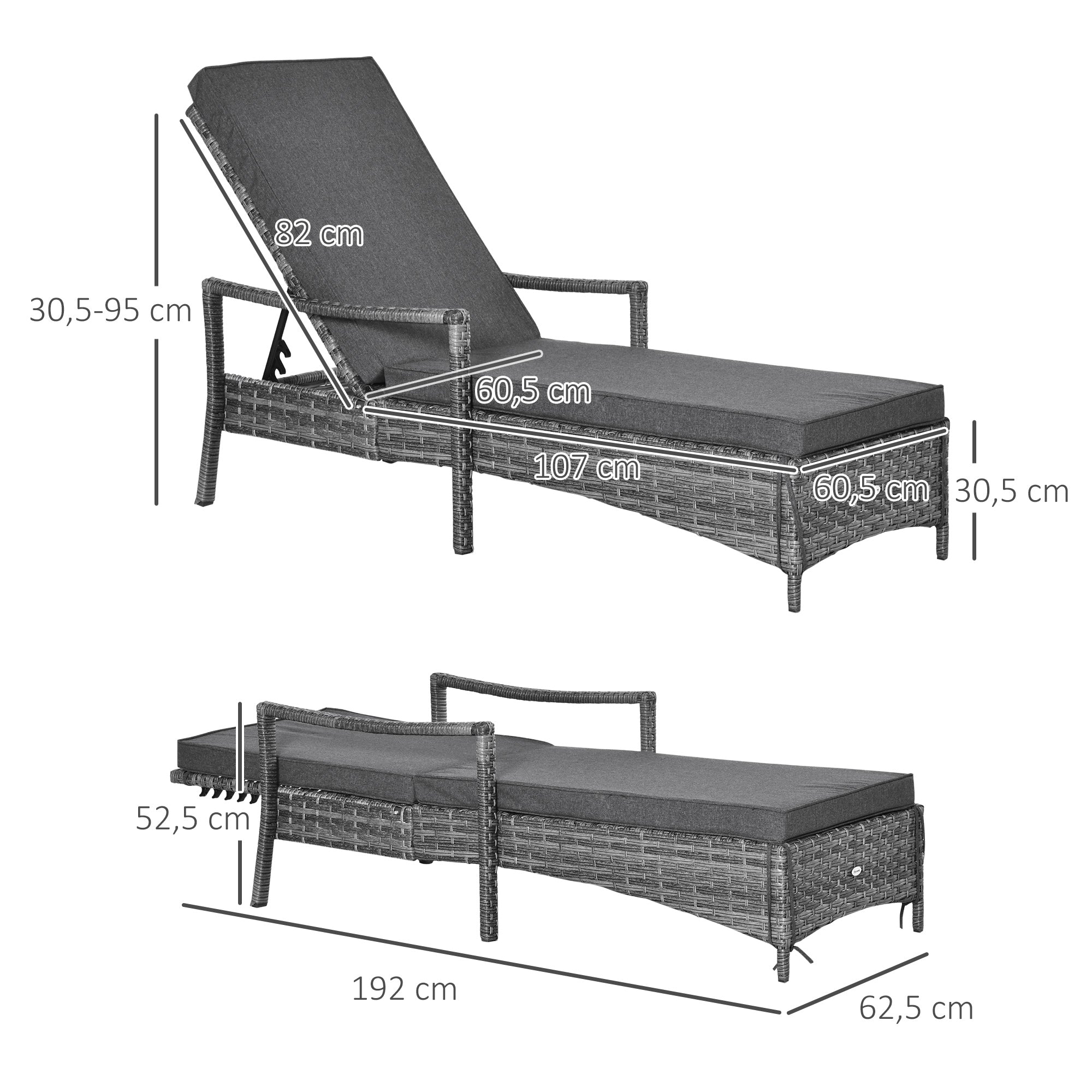 Outsunny Conjunto de 2 Tumbonas de Ratán de Jardín Chaise Longue con Respaldo Ajustable en 4 Posiciones Cojines Acolchados y Desenfundables para Terraza Patio Exterior 192x62,5x58-95 cm Gris
