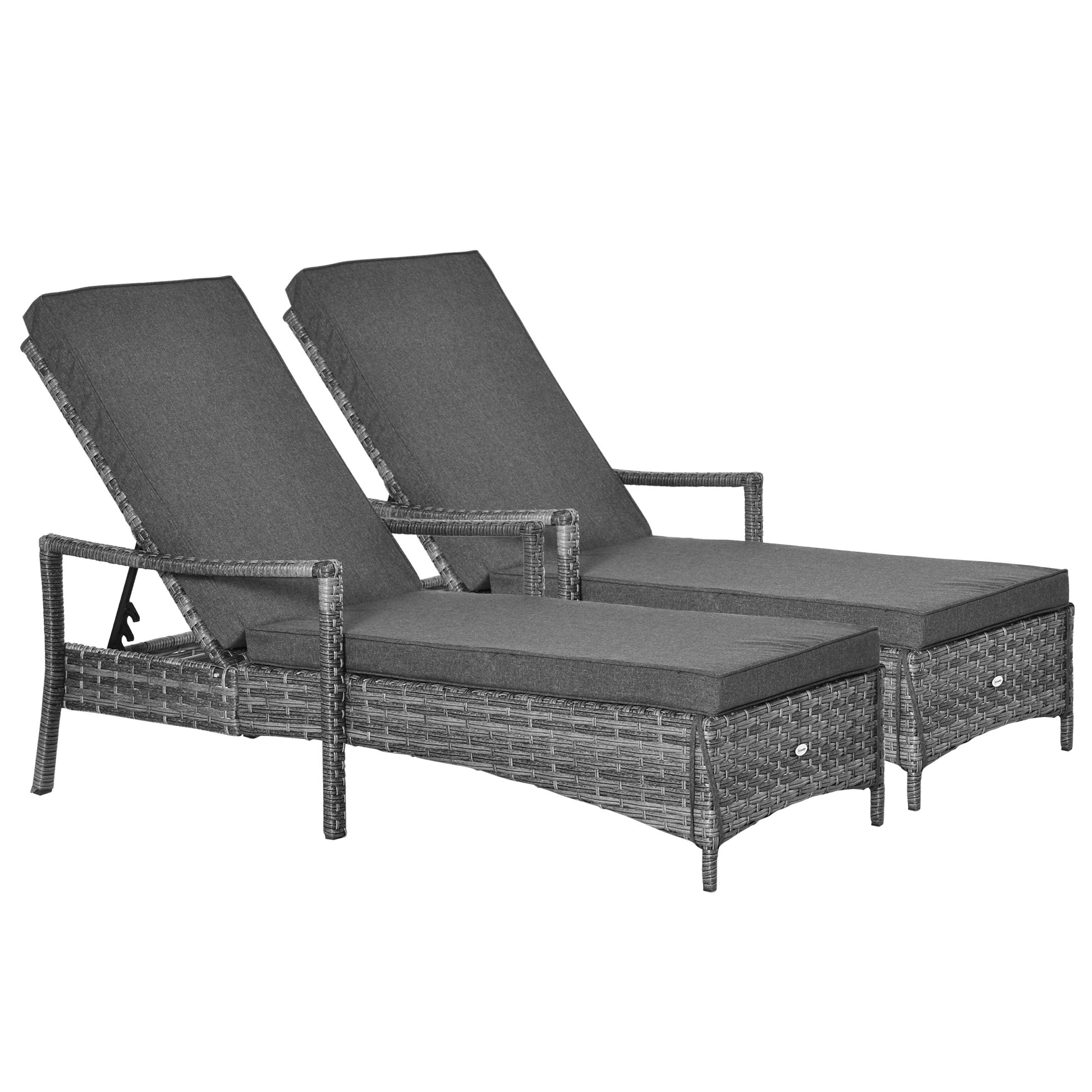 Outsunny Conjunto de 2 Tumbonas de Ratán de Jardín Chaise Longue con Respaldo Ajustable en 4 Posiciones Cojines Acolchados y Desenfundables para Terraza Patio Exterior 192x62,5x58-95 cm Gris