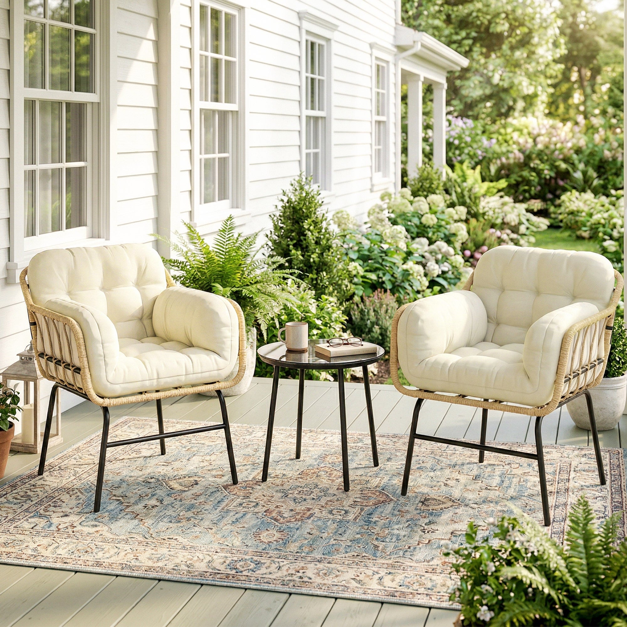 Outsunny Conjunto de Jardín Exterior de 3 Piezas, Muebles Jardín Exterior de Ratán PE, 2 Sillas con Cojines Suaves y Mesa de Vidrio Templado, Resistente a la Intemperie, para Balcón, Patio, Caqui