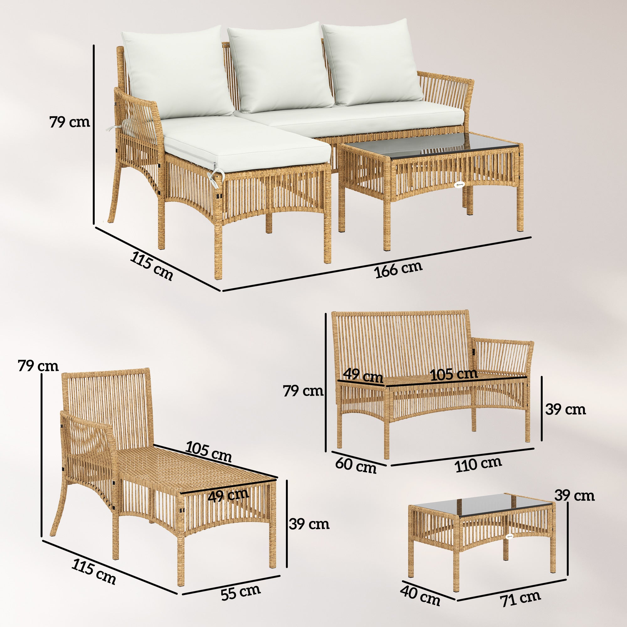 Outsunny Conjunto de Jardín de Ratán de 3 Piezas, Muebles Jardín Exterior Incluye 1 Sofá de 2 Plazas, 1 Sofá Esquinera, 1 Mesa de Centro con Tablero de Vidrio Templado, Cojines, Resistente, Crema