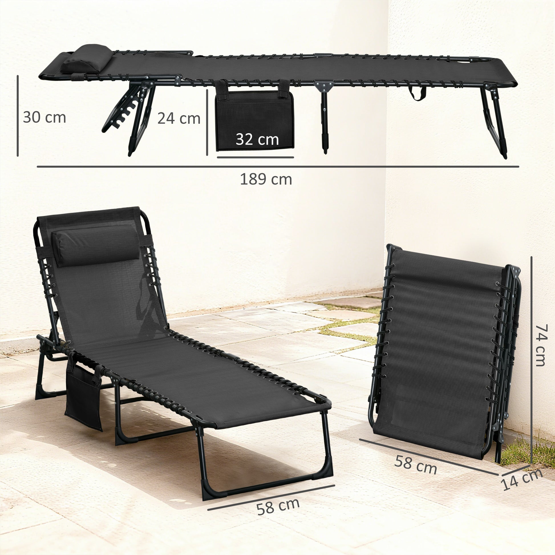 Outsunny Tumbona Plegable, Tumbona Jardín Exterior Reclinable 5 Posiciones, con Reposacabezas Acolchado, Bolsillo Lateral y Estructura de Acero, para Terraza, Piscina, 189x58x30 cm, Negro