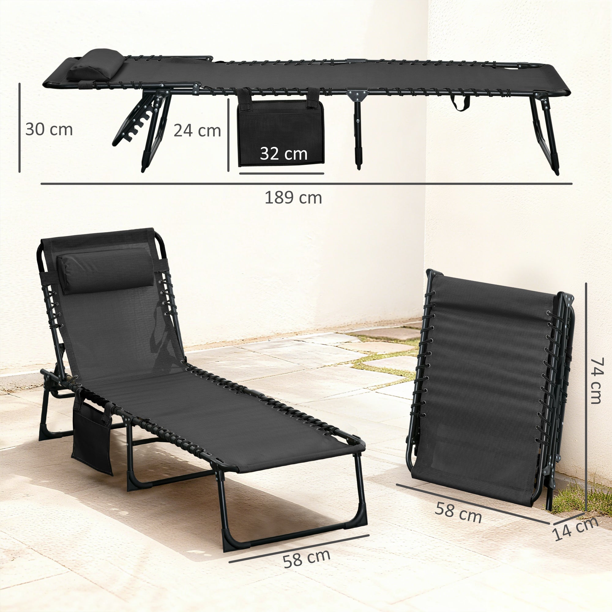 Outsunny Tumbona Plegable, Tumbona Jardín Exterior Reclinable 5 Posiciones, con Reposacabezas Acolchado, Bolsillo Lateral y Estructura de Acero, para Terraza, Piscina, 189x58x30 cm, Negro