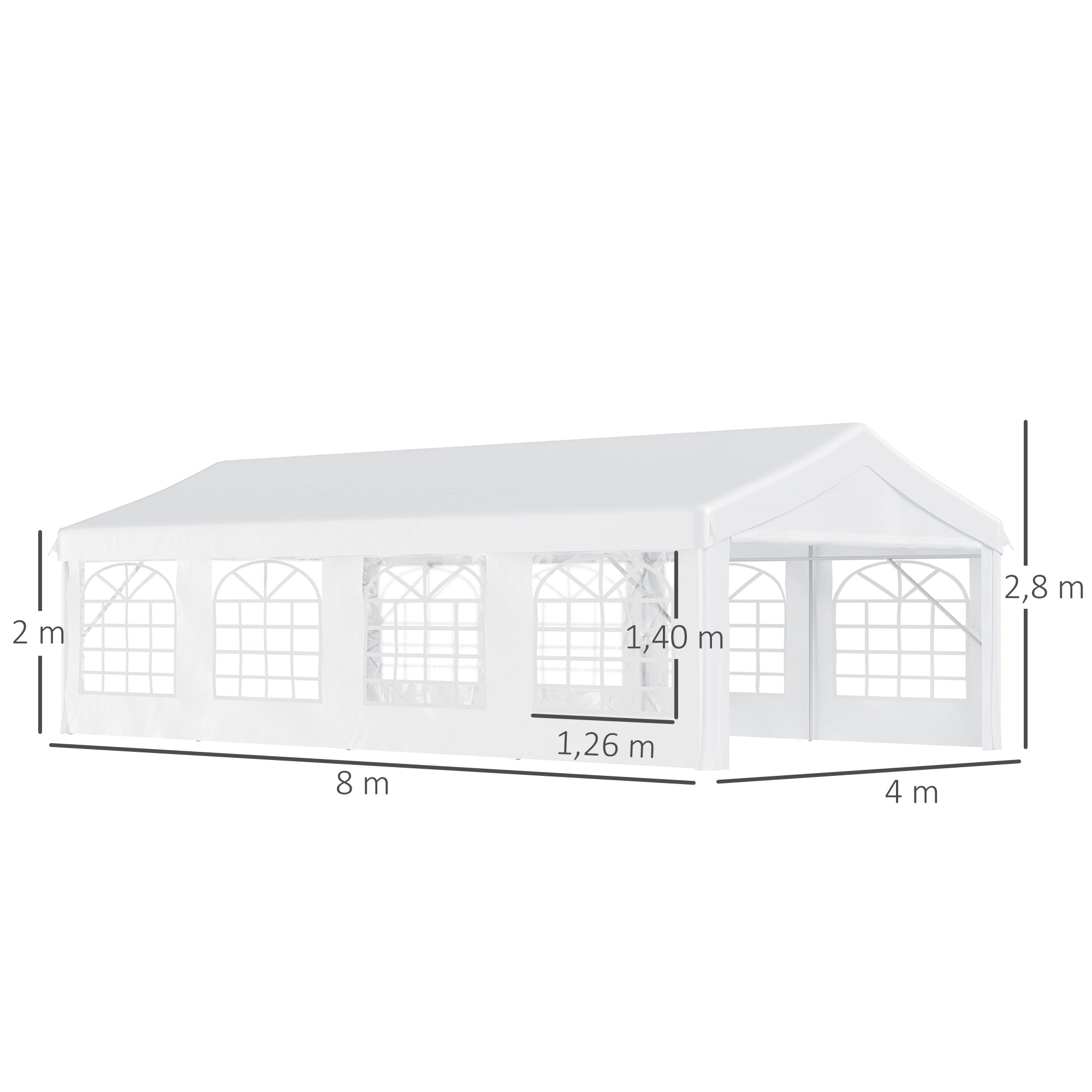 Outsunny Carpa para Fiestas 8x4 m Cenador de Jardín con 4 Paneles Laterales y 8 Ventanas Anti-UV Pabellón Pérgola Cochera Gazebo para Eventos Bodas Blanco