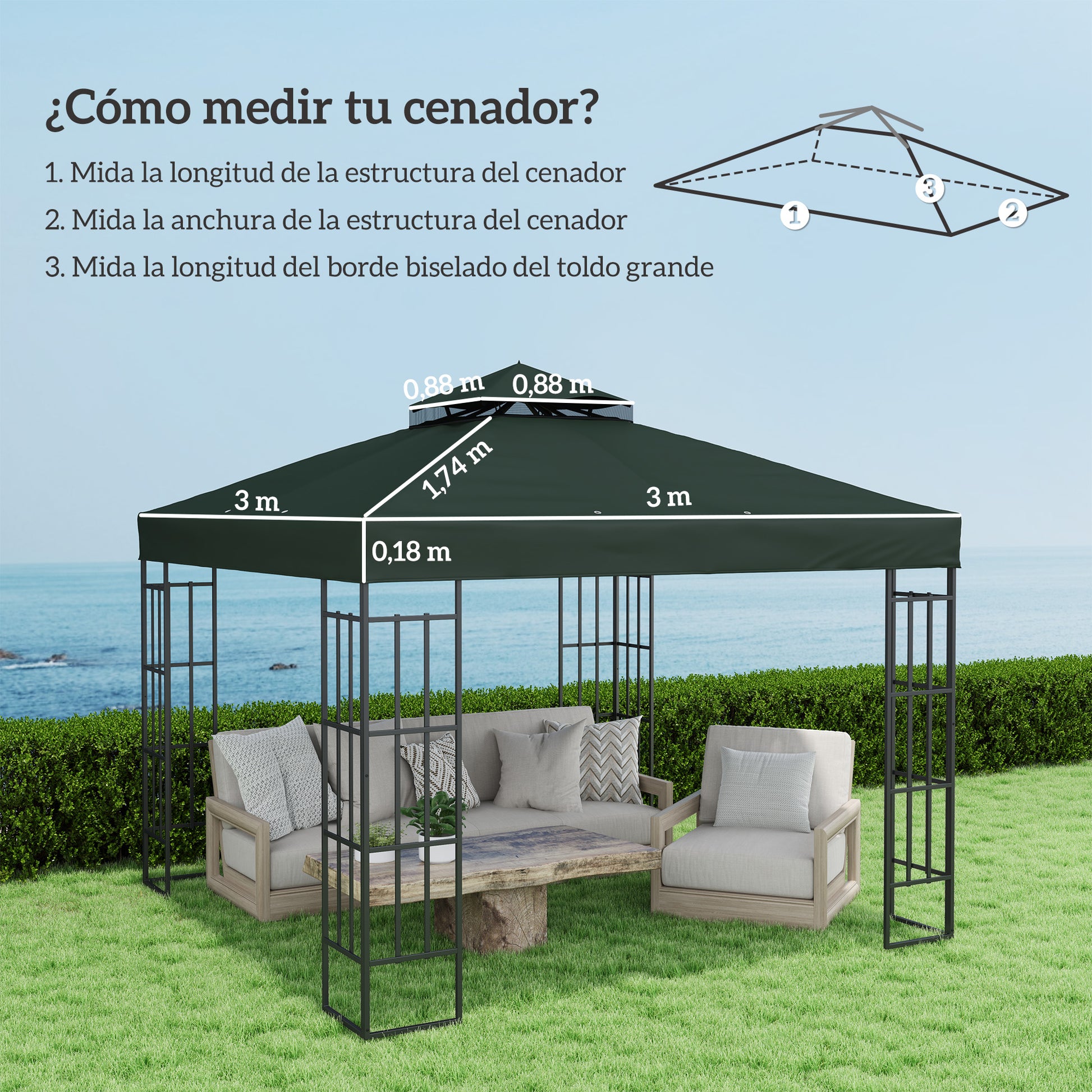 Outsunny Techo de Repuesto para Cenador 3x3 m Cubierta de Repuesto 370g/㎡ con Techo Doble con Mosquitera Protección UV 30+ Toldo de Recambio para Pabellón Gazebo Verde