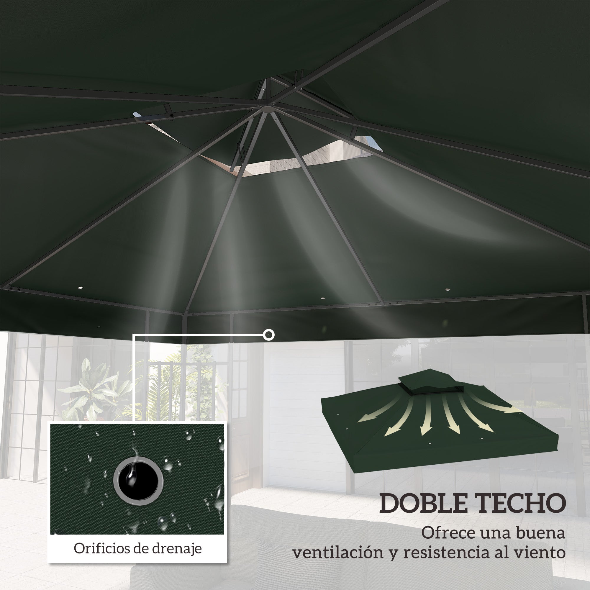 Outsunny Techo de Repuesto para Cenador 3x3 m Cubierta de Repuesto 370g/㎡ con Techo Doble con Mosquitera Protección UV 30+ Toldo de Recambio para Pabellón Gazebo Verde