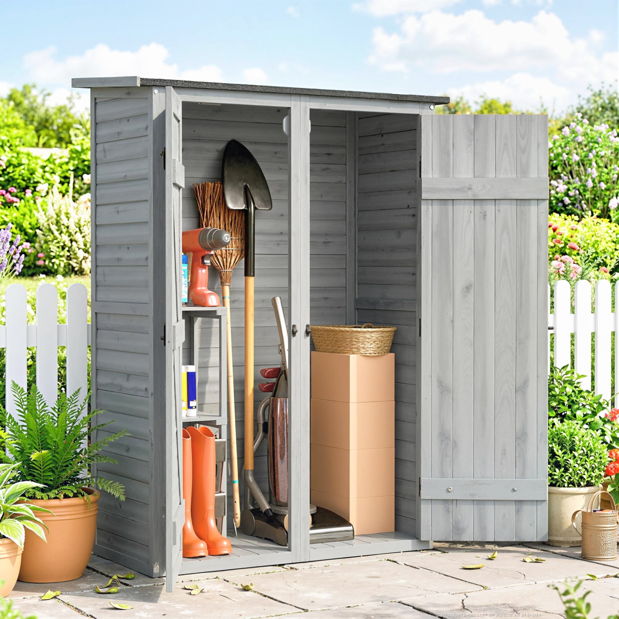Outsunny Caseta de Jardín de Madera 115x53x156 cm Cobertizo Jardín Exterior Armario Exterior para Herramientas con Puertas Dobles con Pestillo 2 Estantes y Techo Inclinado Fijación con Estacas Gris