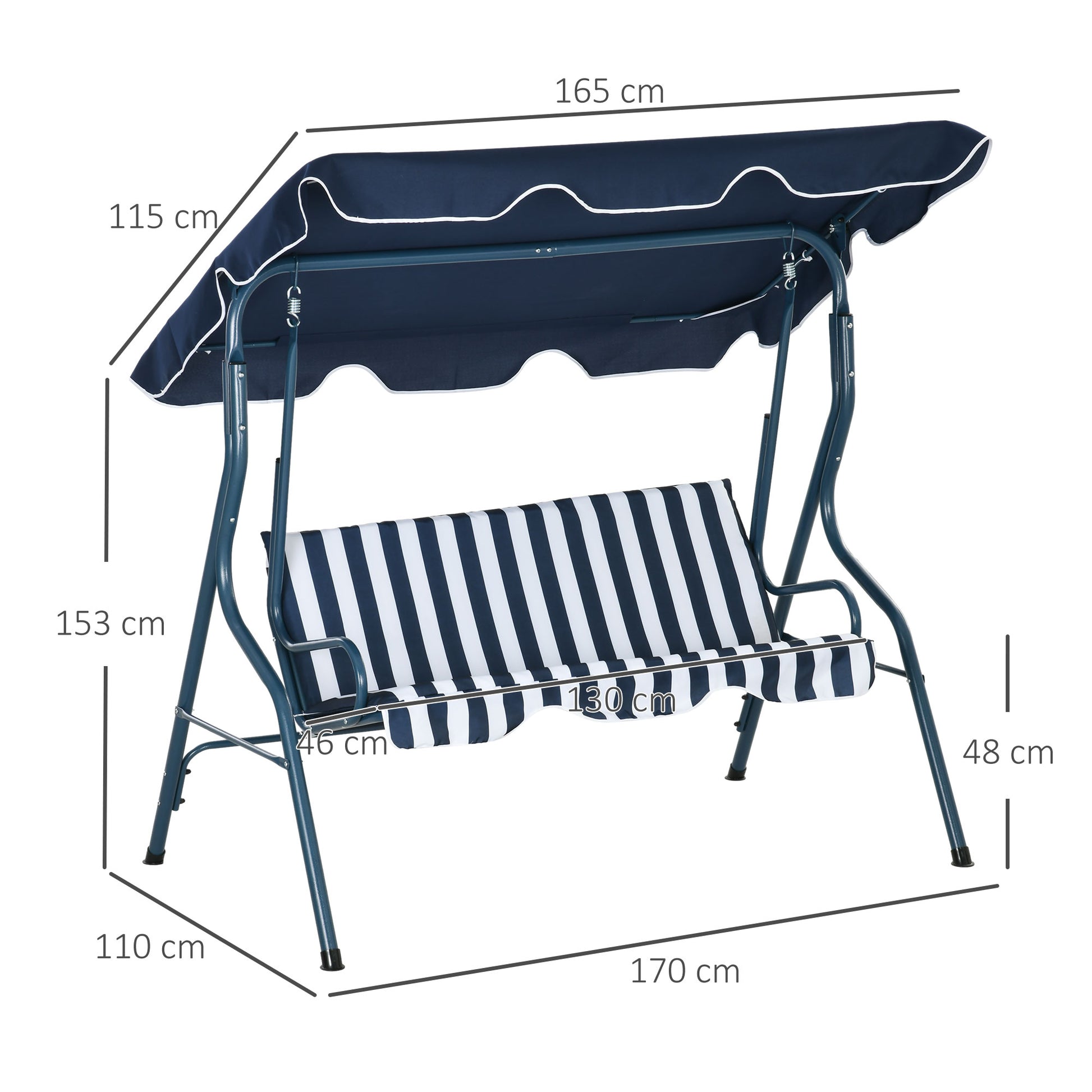 Outsunny Columpio de Jardín de 2-3 Plazas Balancín de Exterior con Toldo Ajustable en Ángulo Impermeable y Marco de Acero para Patio Balcón 170x110x153 cm Azul