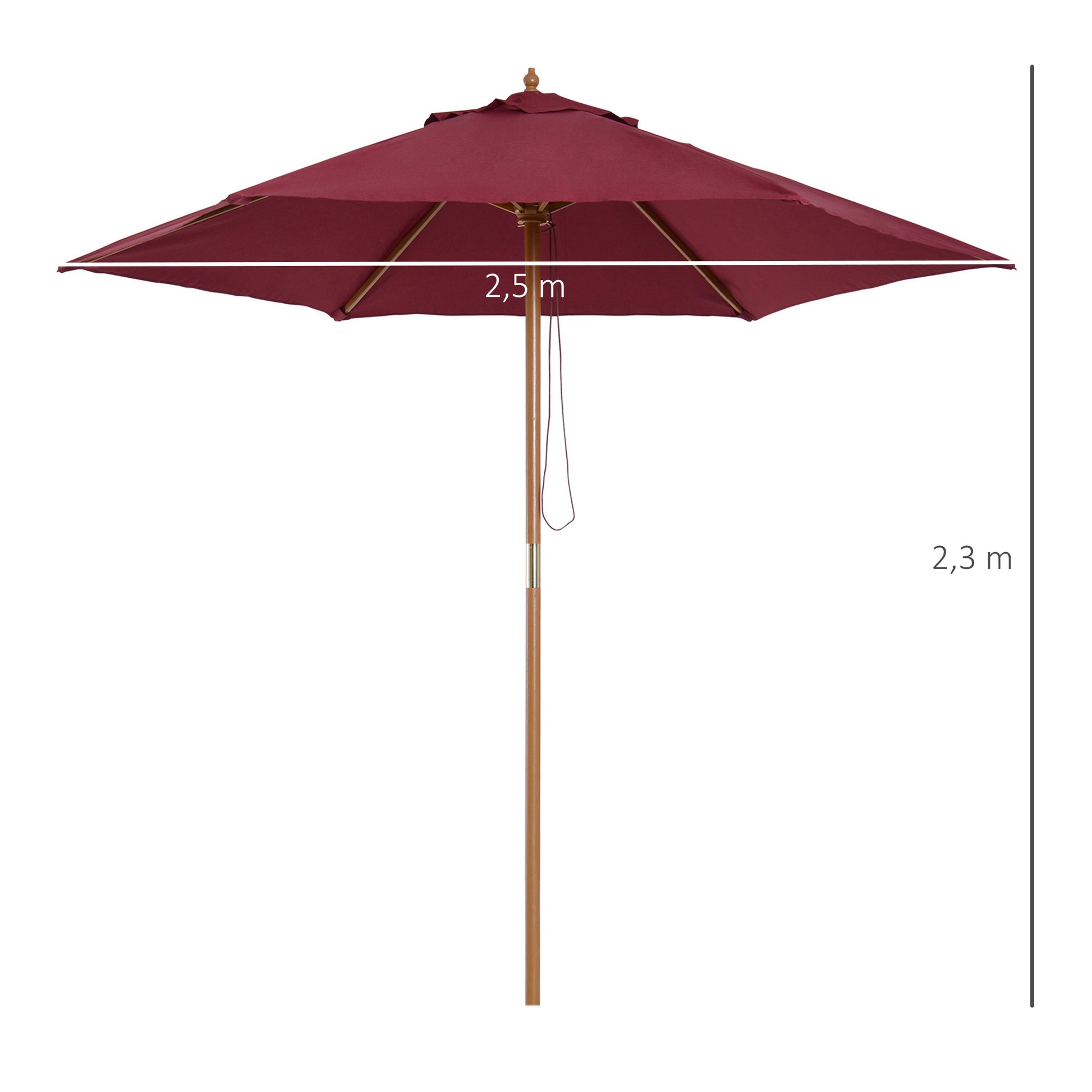 Outsunny Sombrilla de Jardín Ø250x230 cm Parasol de Terraza con 6 Varillas Poste Desmontable Anti-UV Impermeable y Marco de Madera para Playa Patio Rojo Vino