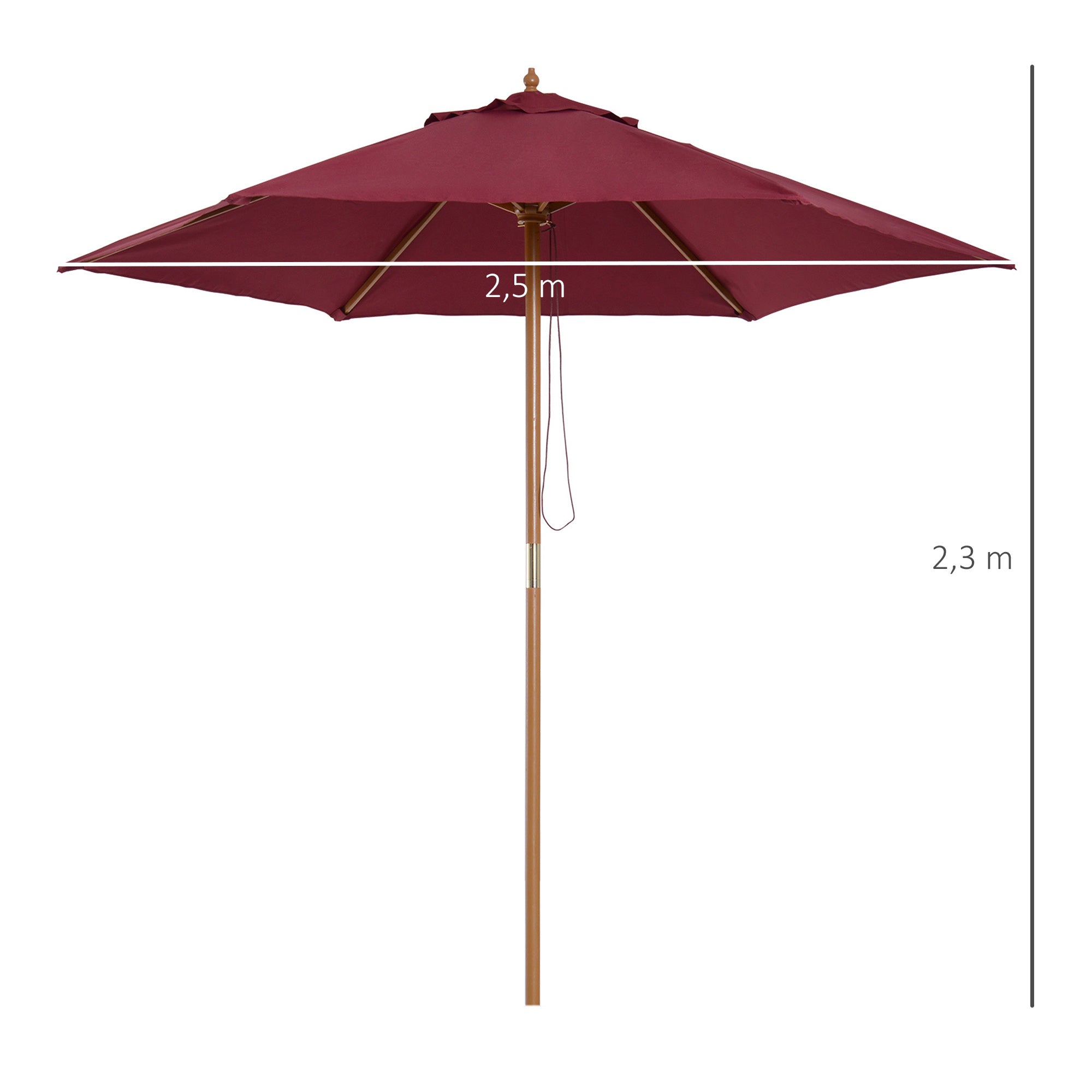 Outsunny Sombrilla de Jardín Ø250x230 cm Parasol de Terraza con 6 Varillas Poste Desmontable Anti-UV Impermeable y Marco de Madera para Playa Patio Rojo Vino