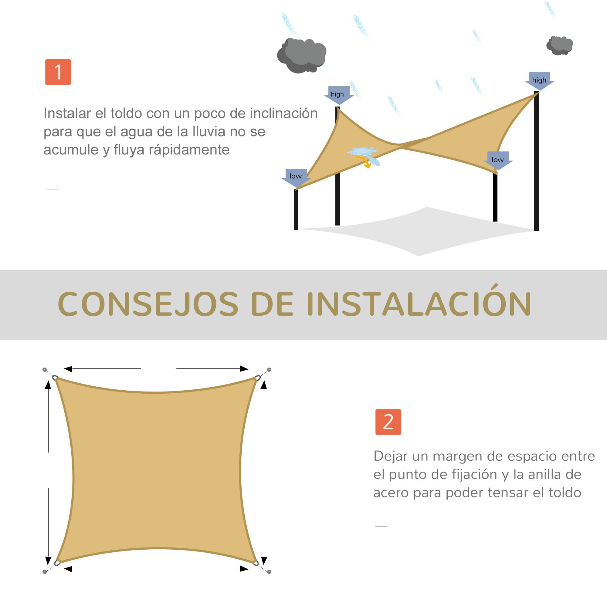 Outsunny - Toldo vela Rectangular (varios tamaños y colores), tamaño 3x4m, color arena