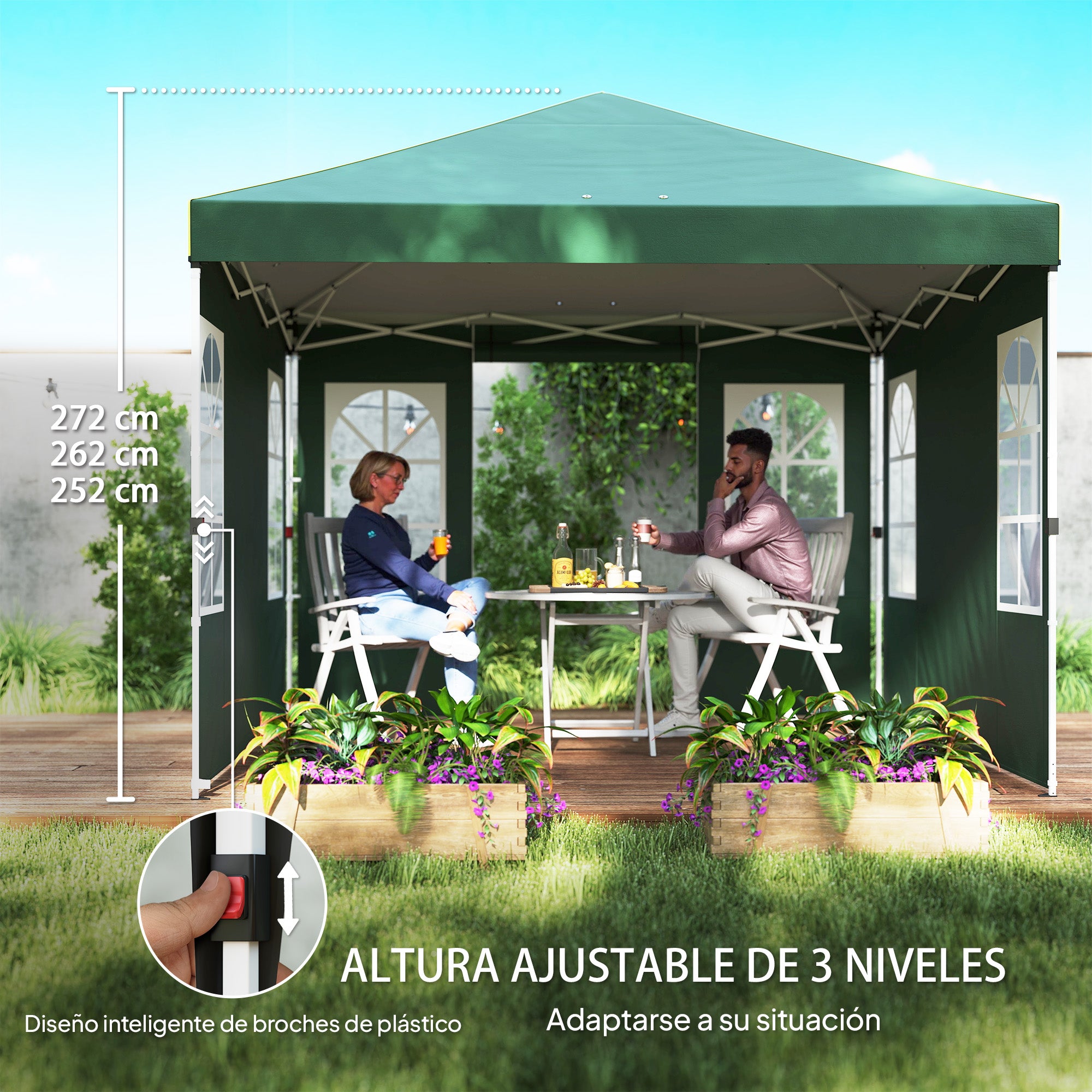 Outsunny Carpa Plegable 3x3 m, Pop-up, con 4 Laterales Extraíbles, Cenador de Jardín con UPF50+, Bloqueo Central, Altura Ajustable, Bolsa de Transporte, Sacos Arena, Gazebo para Exterior, Verde