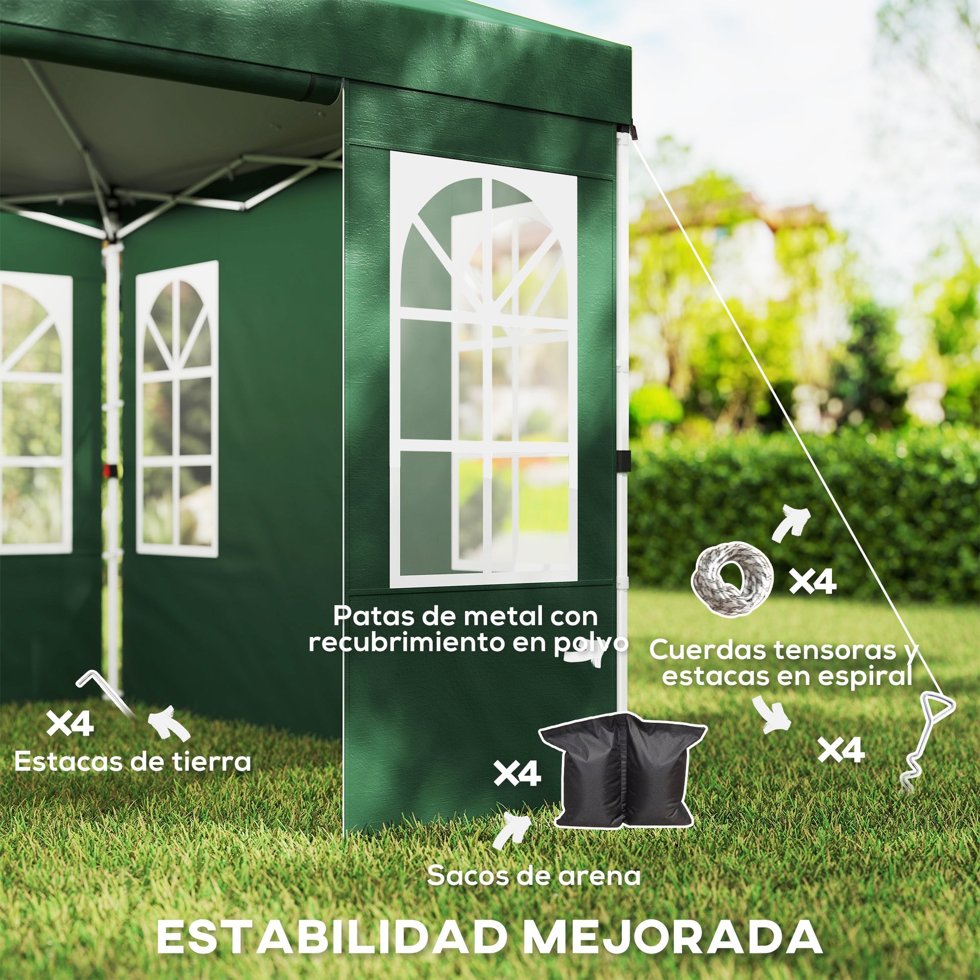 Outsunny Carpa Plegable 3x3 m, Pop-up, con 4 Laterales Extraíbles, Cenador de Jardín con UPF50+, Bloqueo Central, Altura Ajustable, Bolsa de Transporte, Sacos Arena, Gazebo para Exterior, Verde