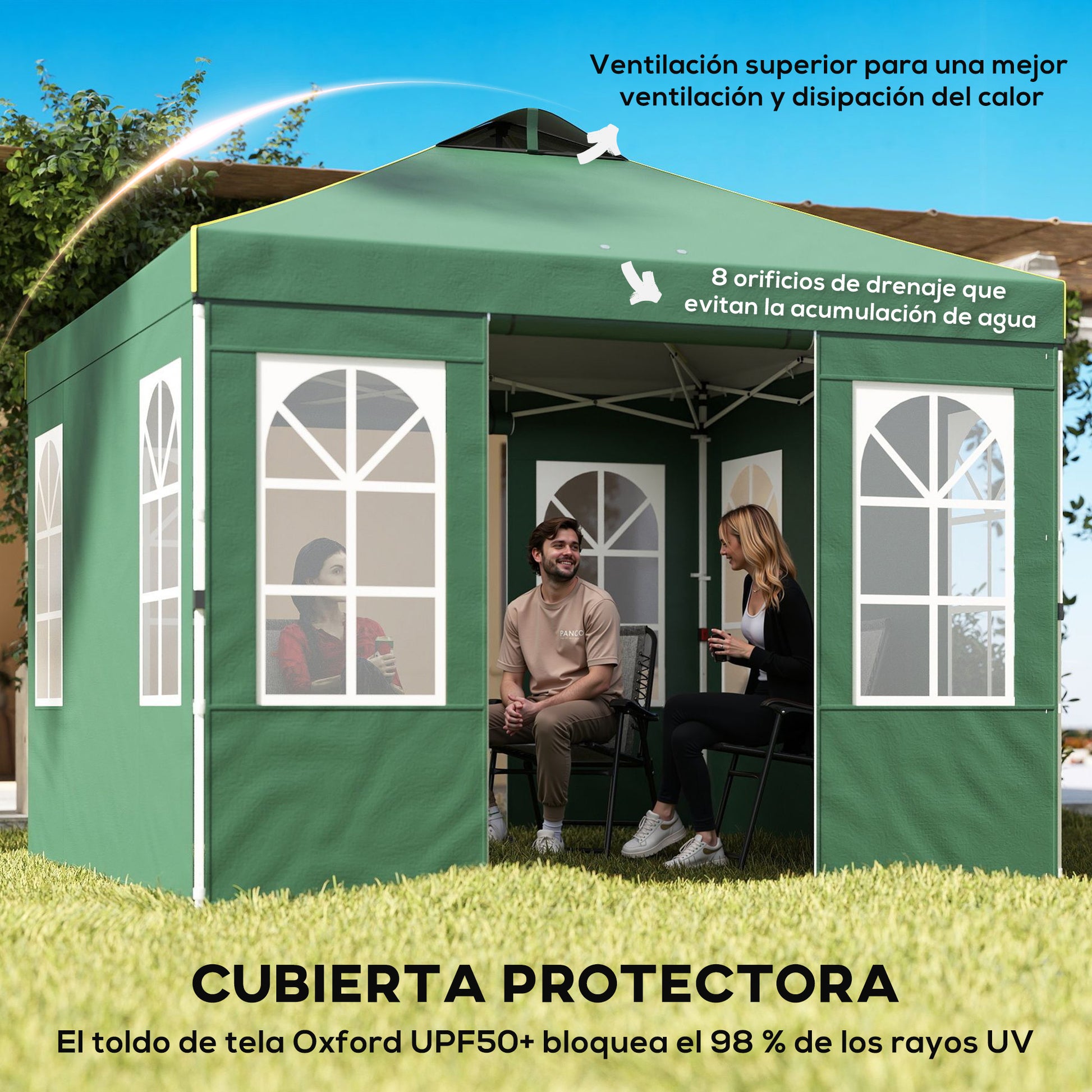 Outsunny Carpa Plegable 3x3 m, Pop-up, con 4 Laterales Extraíbles, Cenador de Jardín con UPF50+, Bloqueo Central, Altura Ajustable, Bolsa de Transporte, Sacos Arena, Gazebo para Exterior, Verde