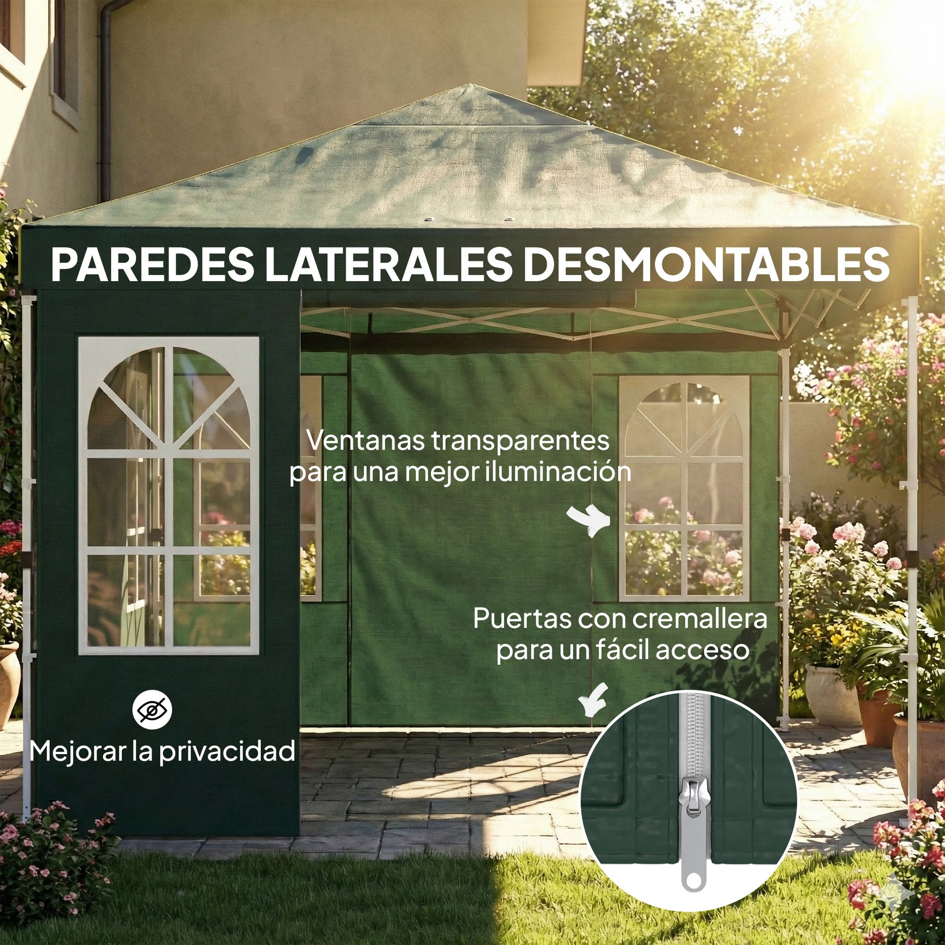Outsunny Carpa Plegable 3x3 m, Pop-up, con 4 Laterales Extraíbles, Cenador de Jardín con UPF50+, Bloqueo Central, Altura Ajustable, Bolsa de Transporte, Sacos Arena, Gazebo para Exterior, Verde