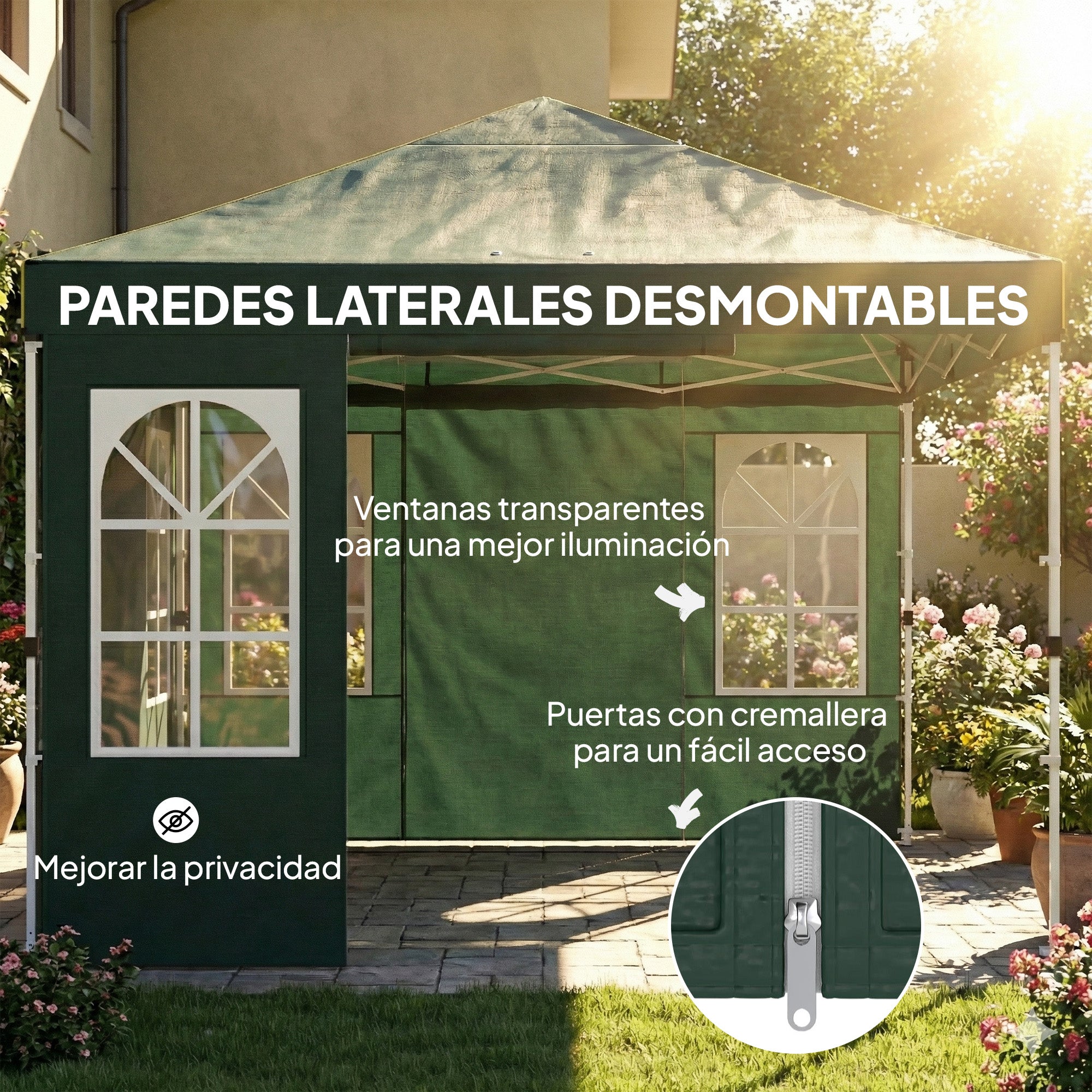 Outsunny Carpa Plegable 3x3 m, Pop-up, con 4 Laterales Extraíbles, Cenador de Jardín con UPF50+, Bloqueo Central, Altura Ajustable, Bolsa de Transporte, Sacos Arena, Gazebo para Exterior, Verde