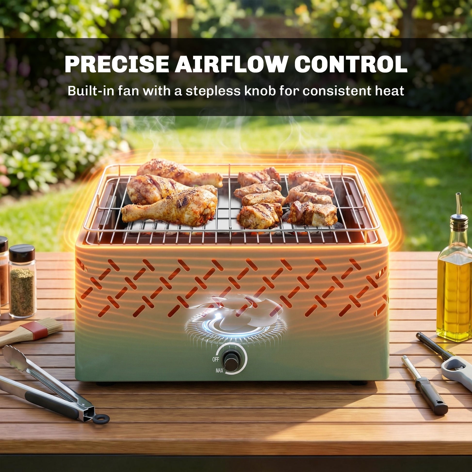 Outsunny Barbacoa de Carbón, Barbacoa Portátil, 45,5x29x21 cm, con Ventilador Integrado, Temperatura Ajustable y Bandeja de Carbón, para Camping, Picnic, Fiesta en Jardín, Verde Claro