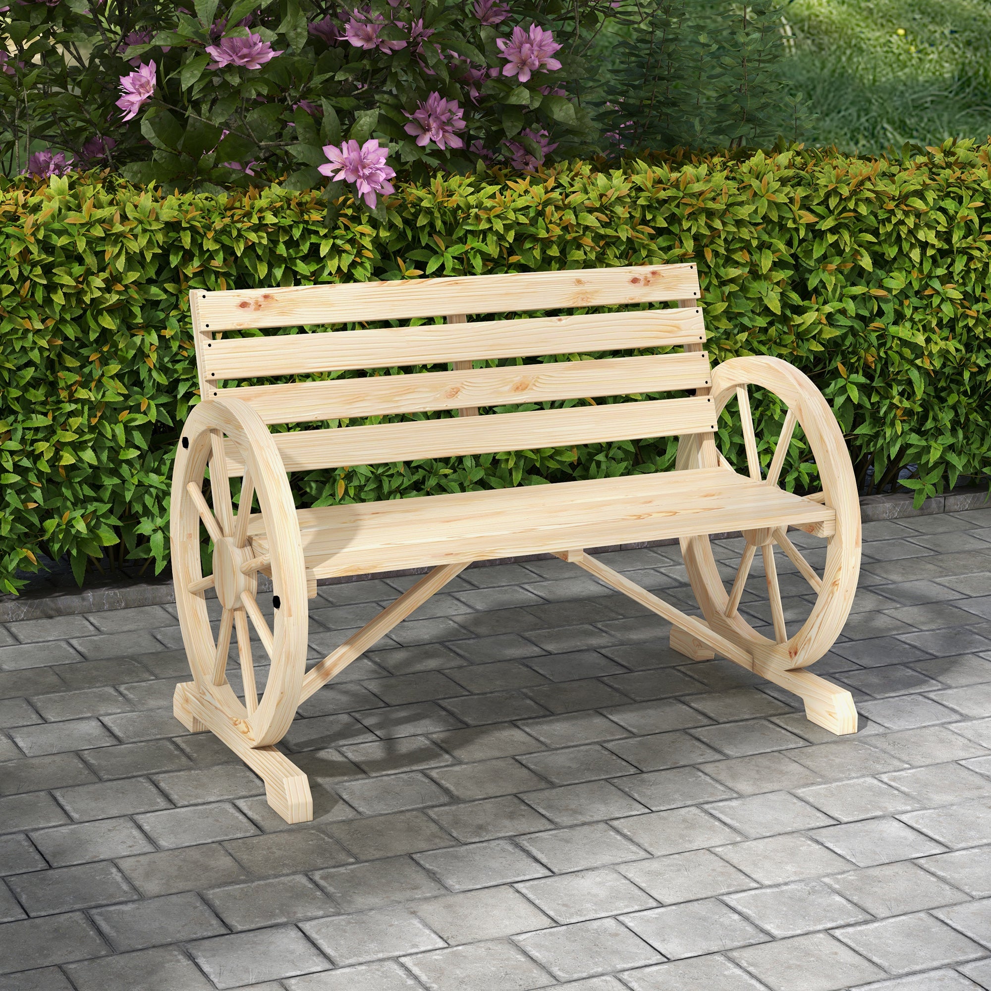Outsunny Banco de Jardín de Madera, Banco de Exterior con Reposabrazos en Forma de Rueda, Estilo Rústico, Carga 240 kg, de 2 Plazas, para Patio, Terraza, 105,5x56x79 cm, Madera Natural