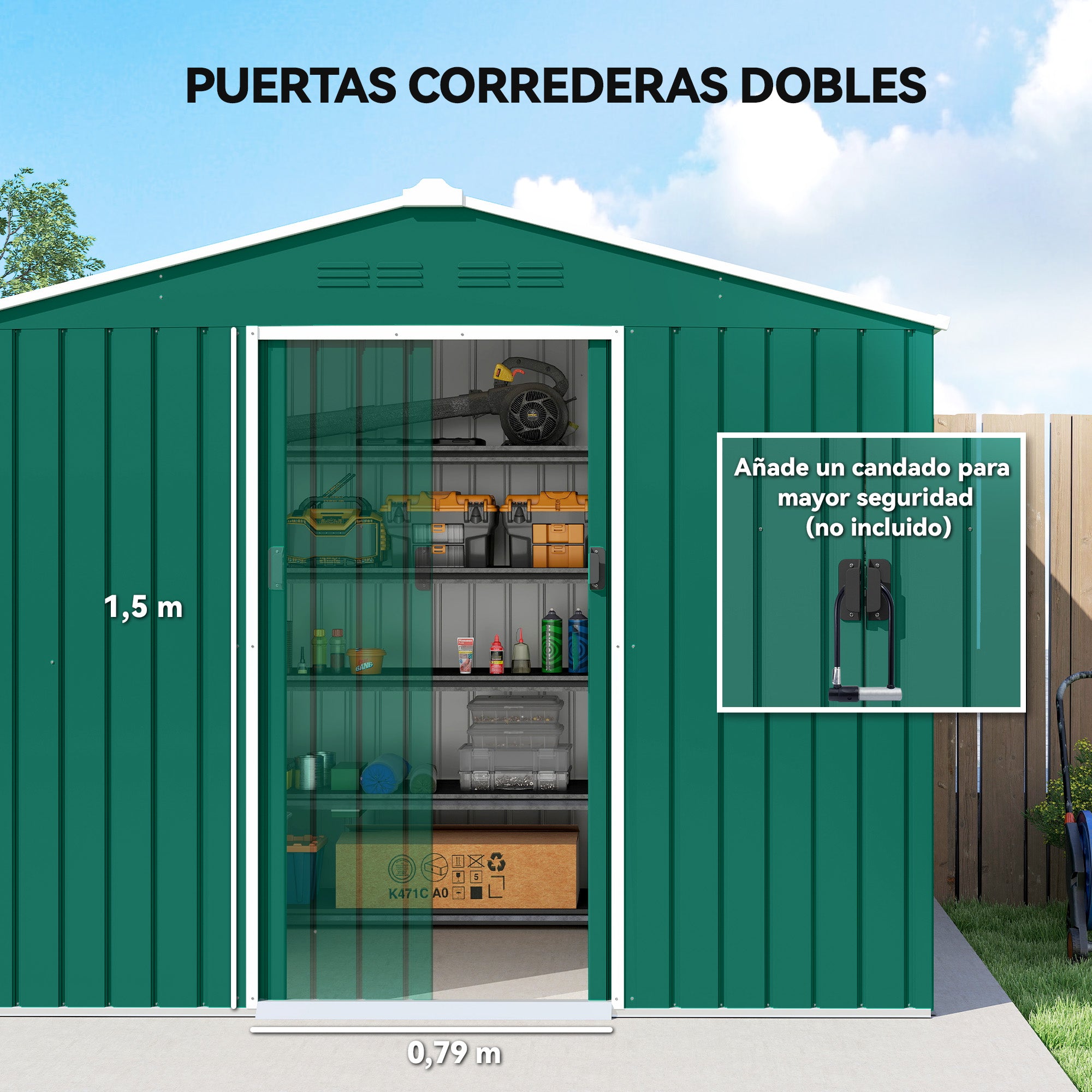 Outsunny Caseta de Jardín Exterior 3,6 m², 236x171x191 cm, Cobertizo de Jardín Exterior Metálico con Puertas Correderas y Ranuras de Ventilación, para Almacenamiento de Herramientas, Verde