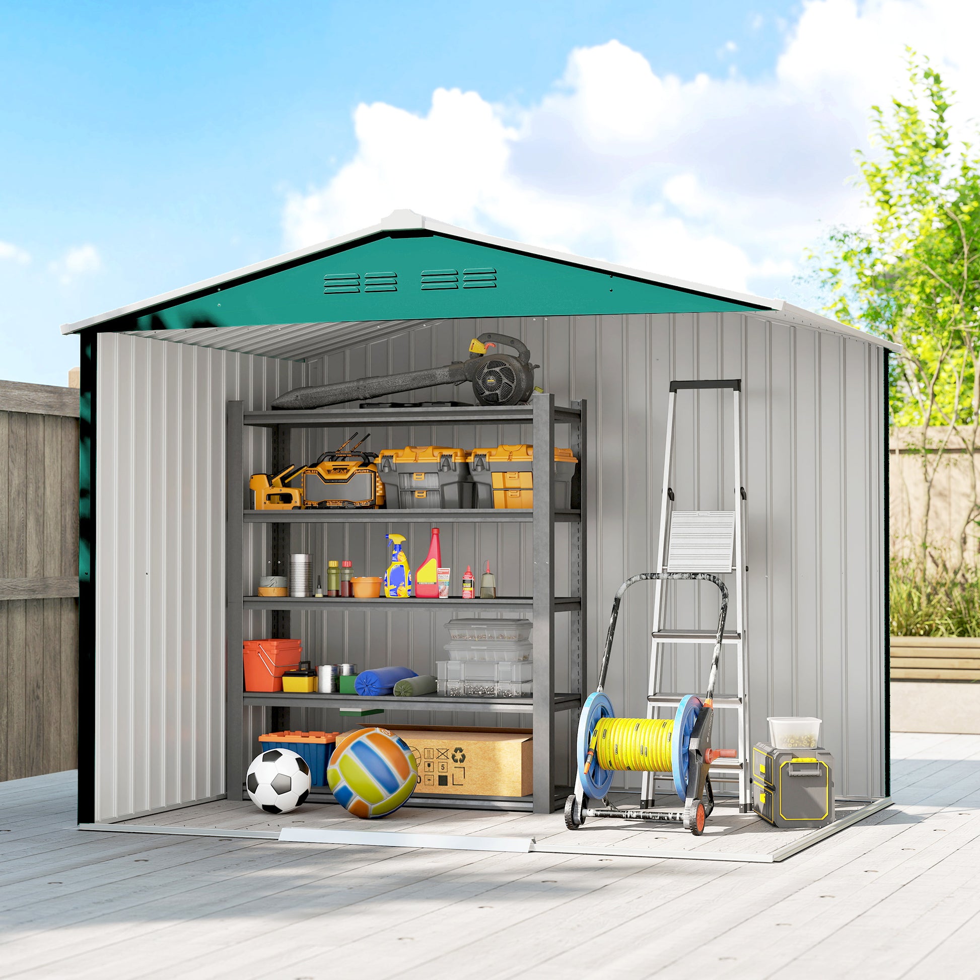 Outsunny Caseta de Jardín Exterior 3,6 m², 236x171x191 cm, Cobertizo de Jardín Exterior Metálico con Puertas Correderas y Ranuras de Ventilación, para Almacenamiento de Herramientas, Verde