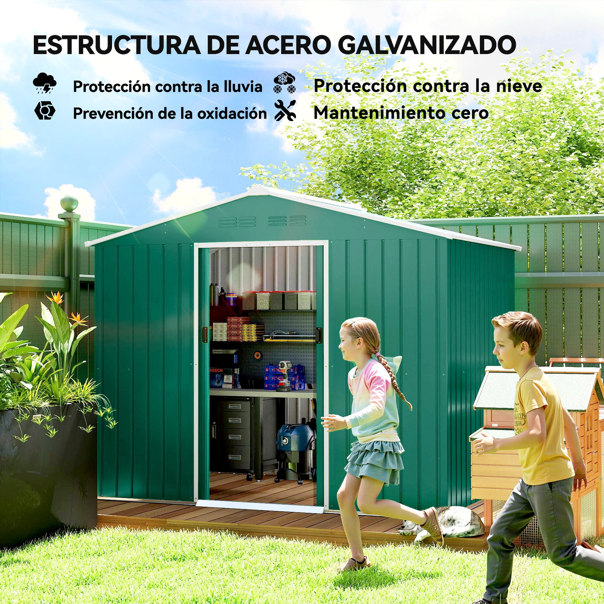 Outsunny Caseta de Jardín Exterior 3,6 m², 236x171x191 cm, Cobertizo de Jardín Exterior Metálico con Puertas Correderas y Ranuras de Ventilación, para Almacenamiento de Herramientas, Verde