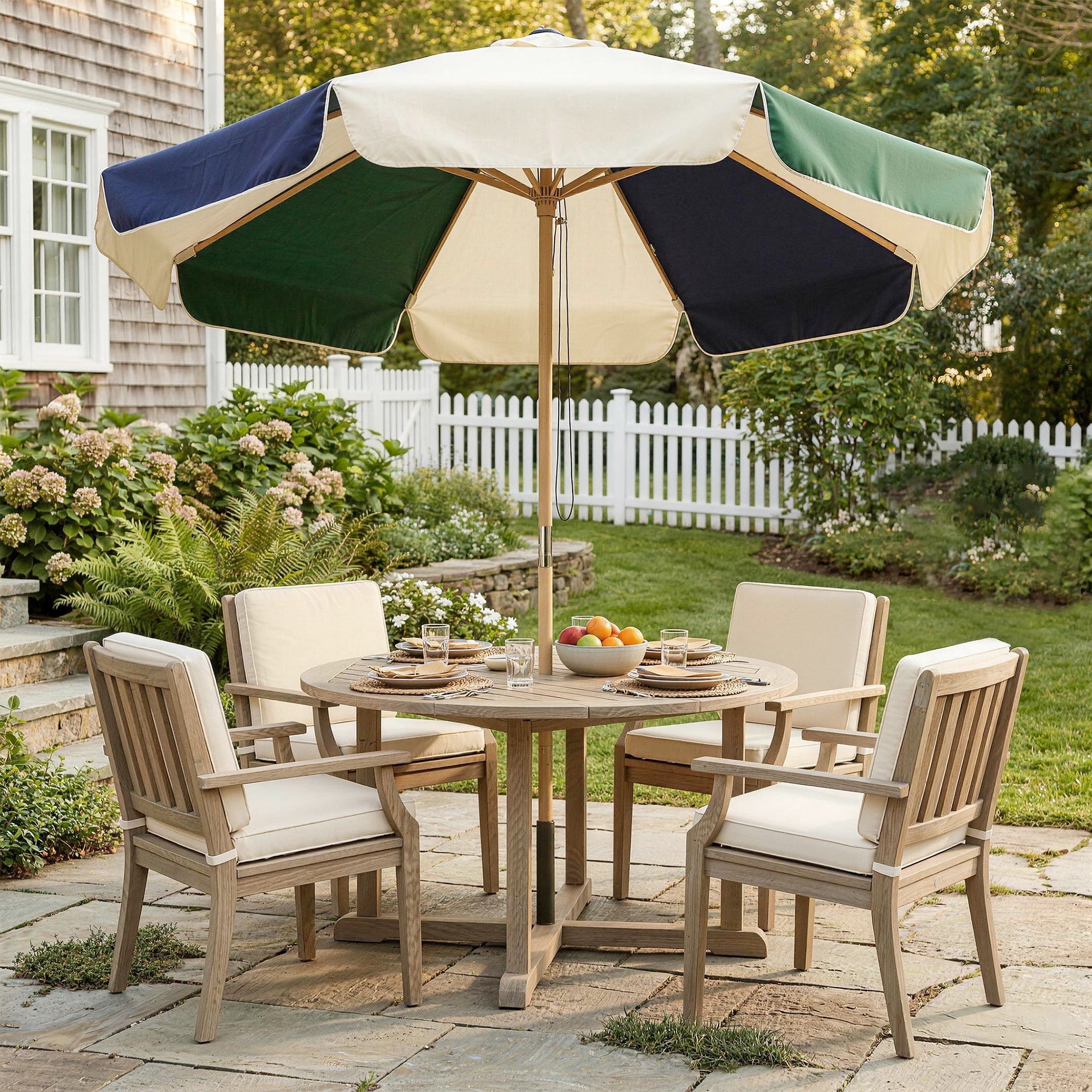 Outsunny Sombrilla Terraza Exterior, Ø2,3 m, Sombrilla de Jardín con Marco de Efecto Madera, Polea con Cuerda, Dosel Bicolor, UPF30+, Parasol para Playa, Patio, Terraza, Verde Oscuro