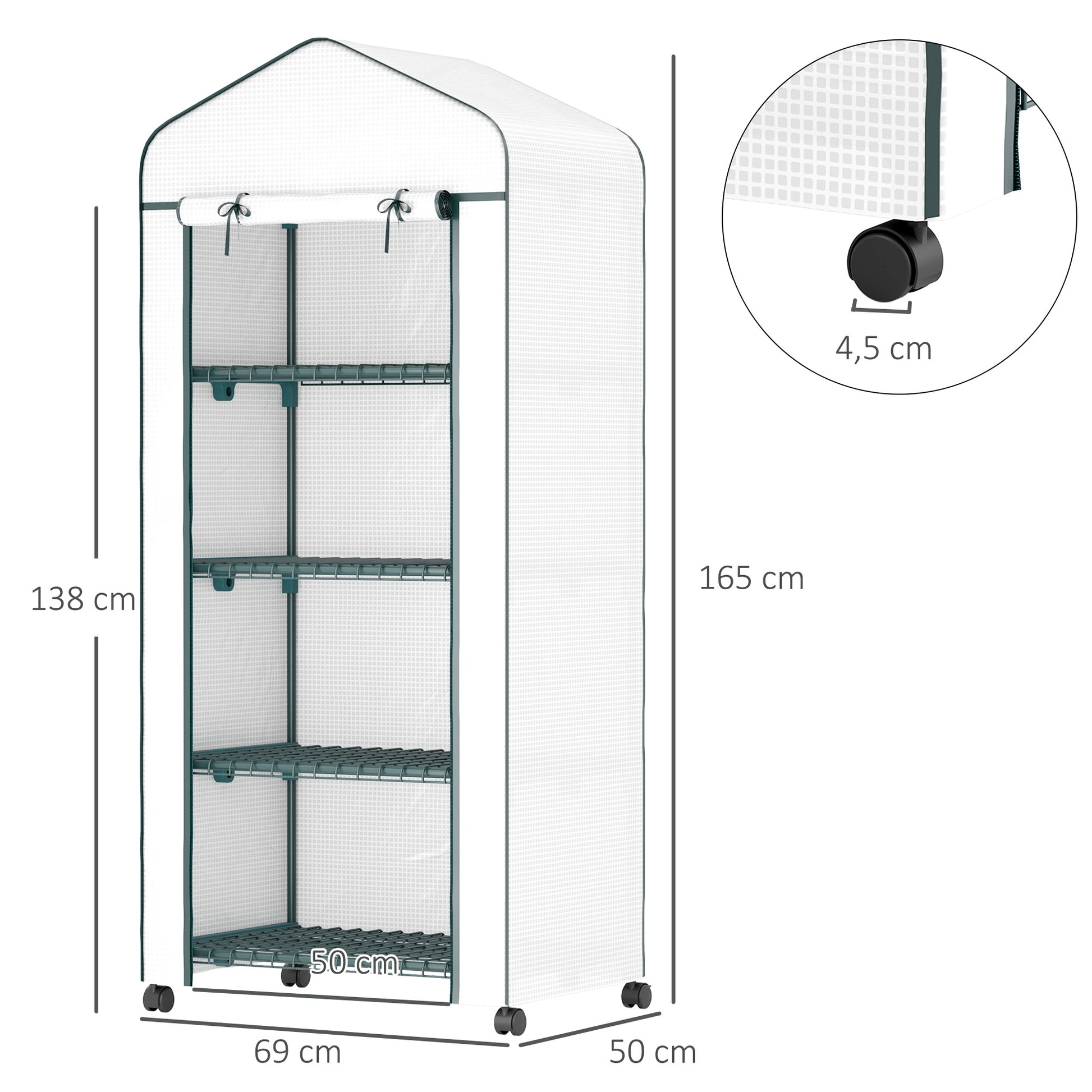 Outsunny Invernadero de Exterior con 4 Estantes y Ruedas, Invernadero Pequeño con Puerta Enrollable, Marco de Acero y Cubierta de PE 140g/㎡, Anti-UV para Plantas, Macetas, Flores, 70x50x165 cm, Blanco