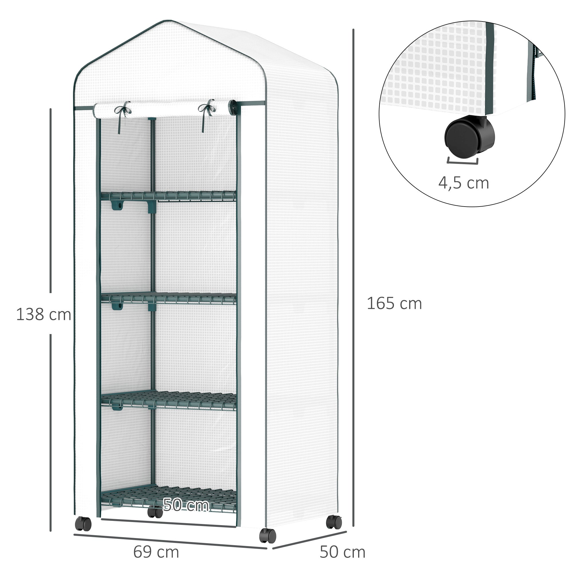 Outsunny Invernadero de Exterior con 4 Estantes y Ruedas, Invernadero Pequeño con Puerta Enrollable, Marco de Acero y Cubierta de PE 140g/㎡, Anti-UV para Plantas, Macetas, Flores, 70x50x165 cm, Blanco